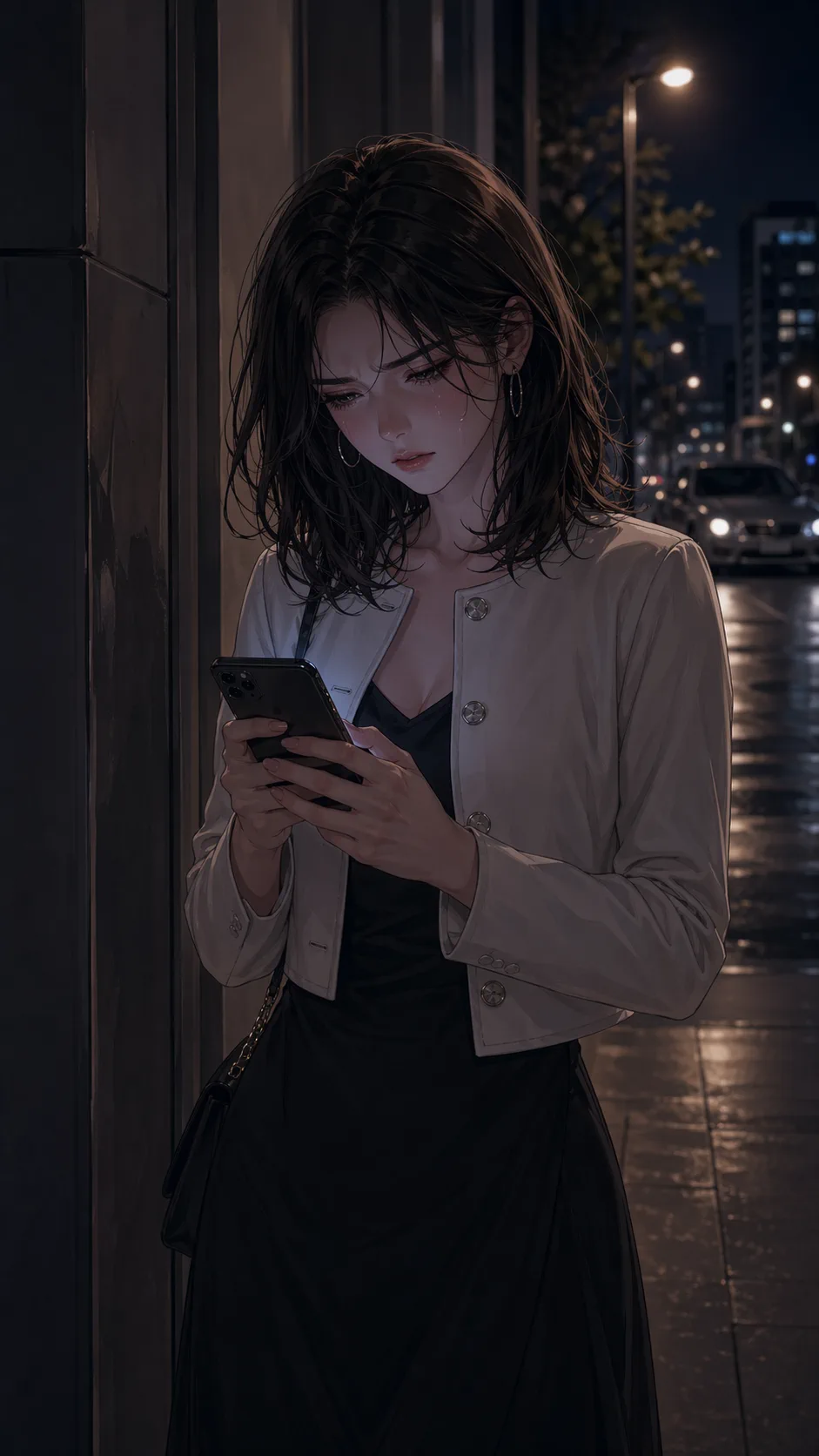 Outside at night, a woman angrily posts screenshots from her phone after leaving a date.