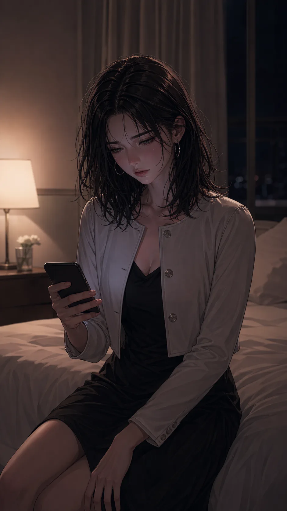 Alone in her room at night, a woman looks at her phone and sits with the consequences of a painful choice.
