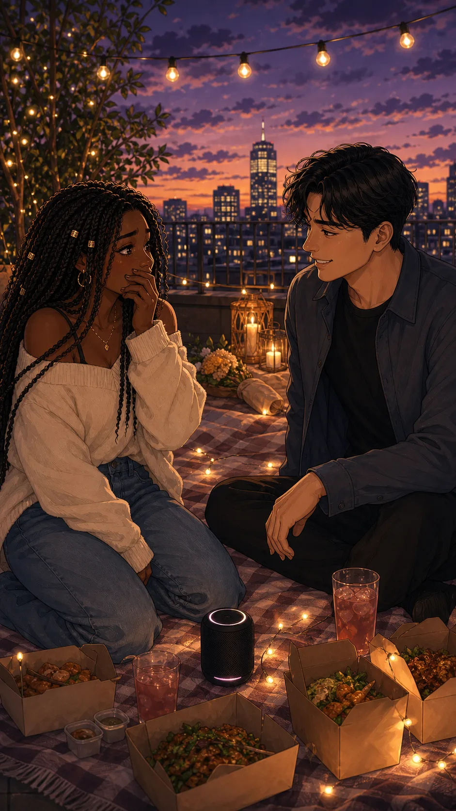 A cozy generic rooftop picnic at dusk with city lights, blankets, and takeout boxes with no labels.