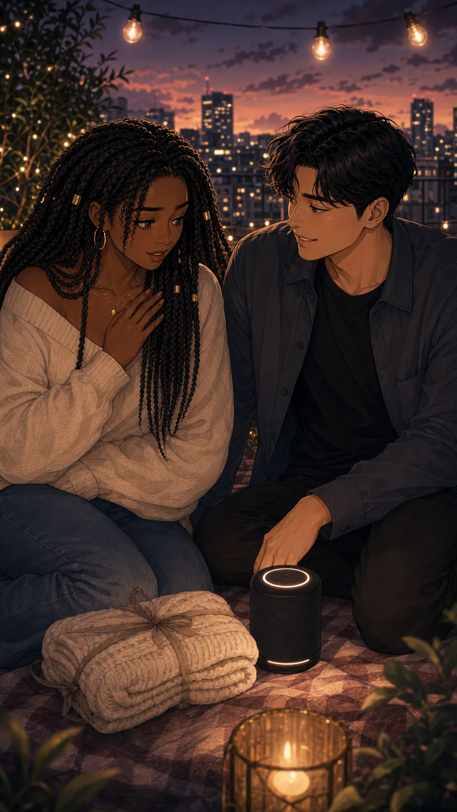 Nia and Eli sit near string lights with a small speaker and a blanket matching Nia's sweater.
