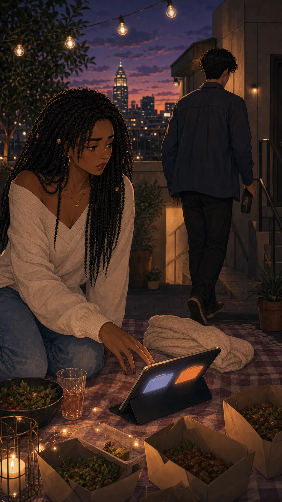 Eli walks toward a stairwell while Nia reaches for a tablet on the blanket, screen angled with abstract folders only.