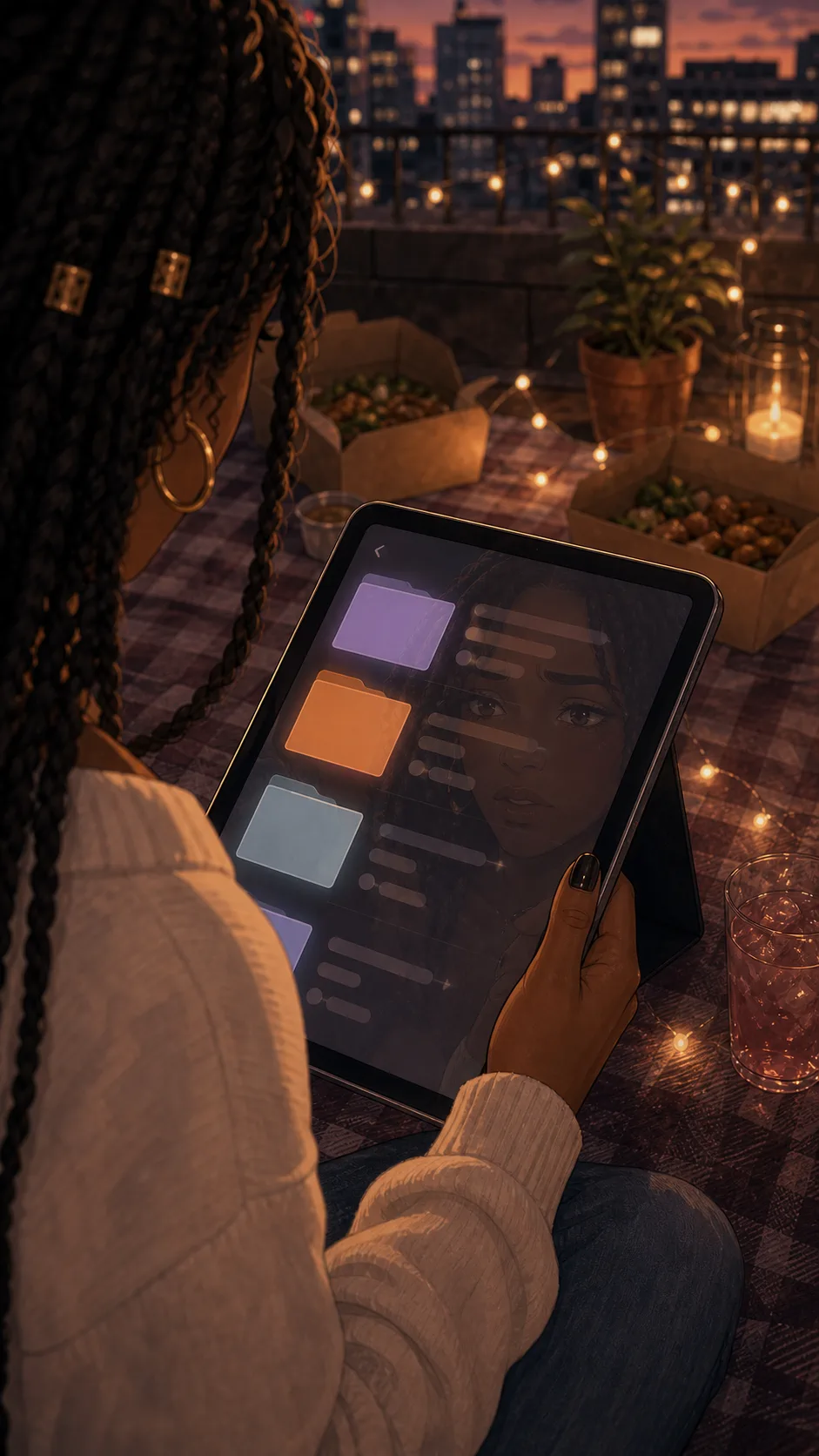 A stylized over-shoulder view of abstract folder cards on a tablet, with Nia's face reflected faintly and no readable UI.
