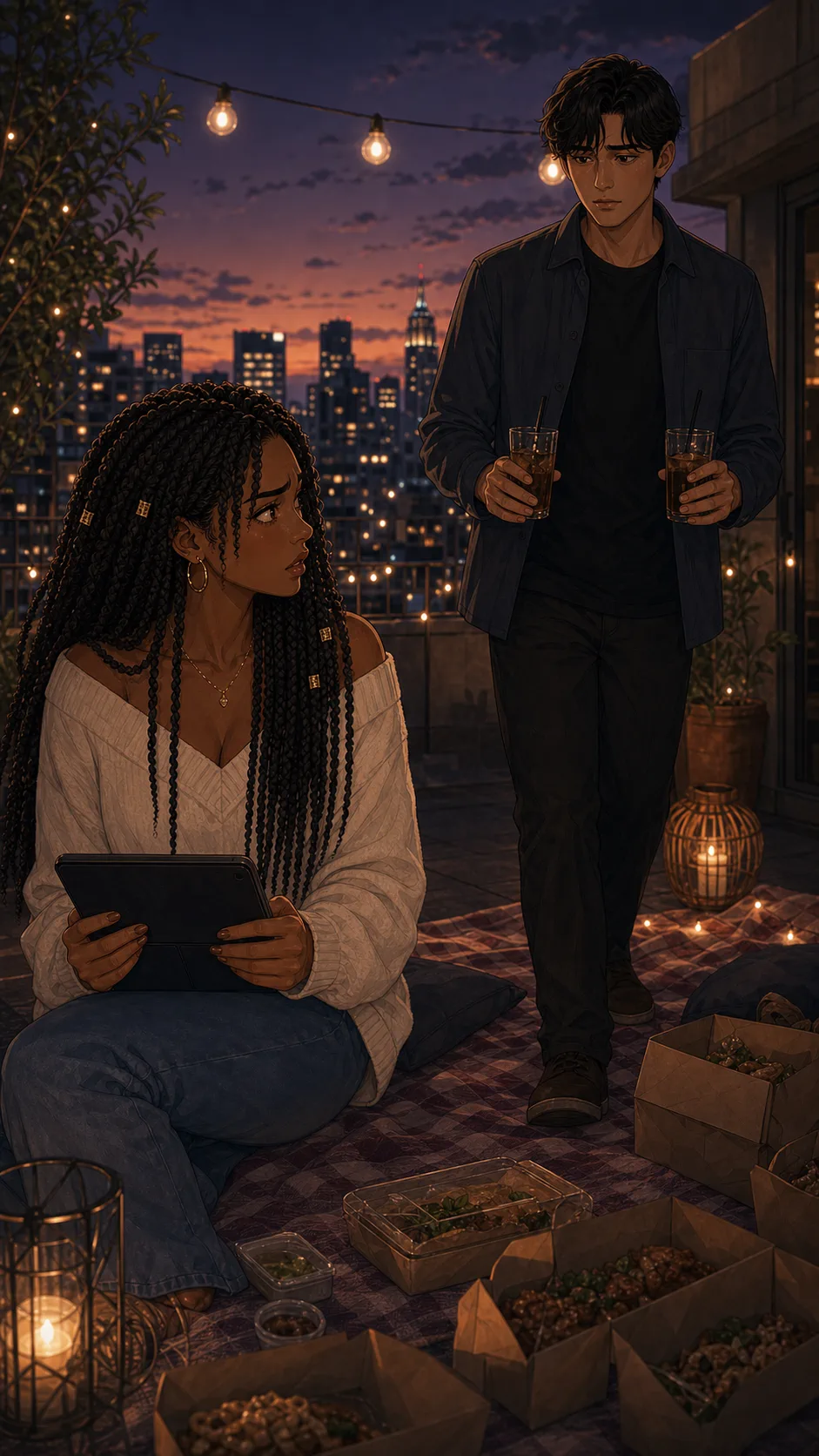 Nia sits frozen on the picnic blanket as Eli returns with drinks, his smile fading.