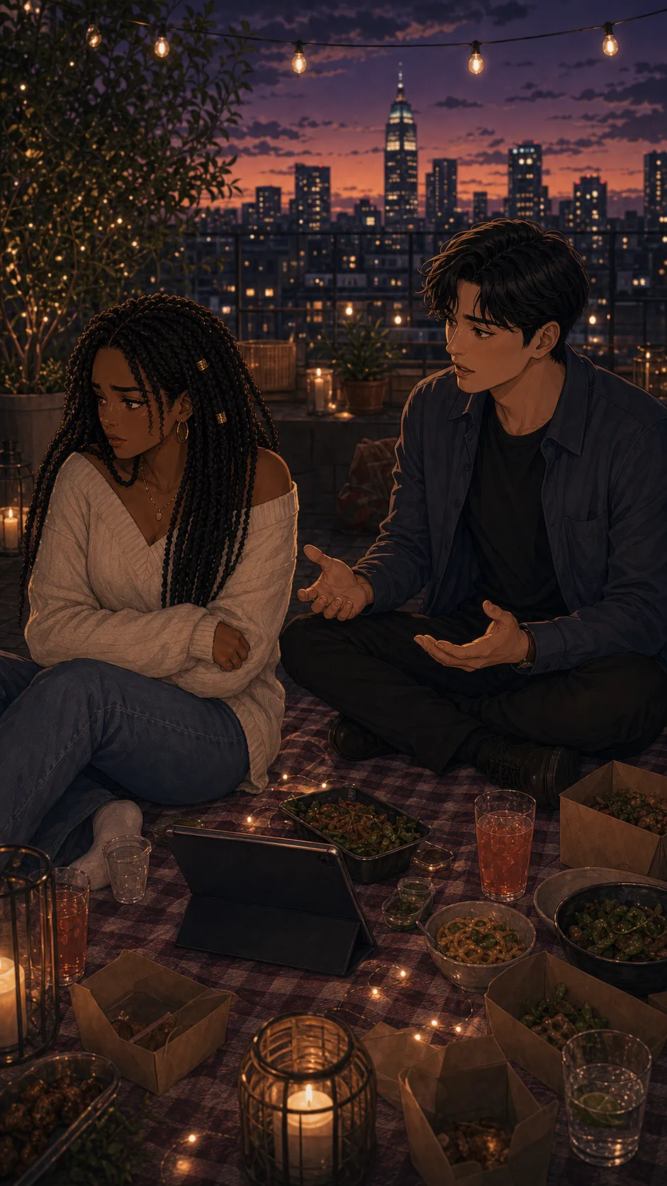 The picnic looks beautiful but tense as Nia and Eli sit apart, the city lights behind them.