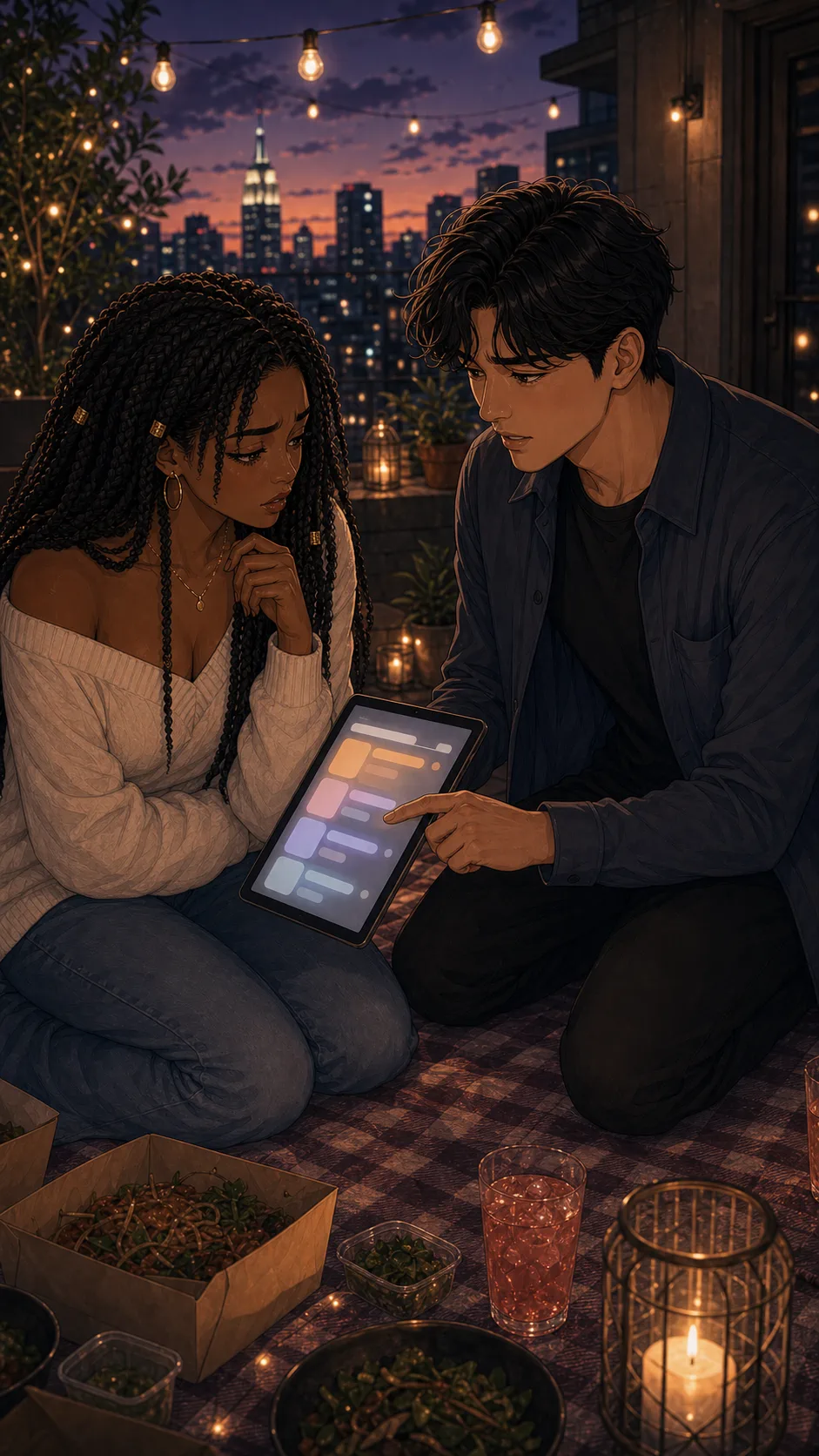 Eli shows Nia a blank-looking edit history on the tablet while keeping the screen unreadable to viewers.