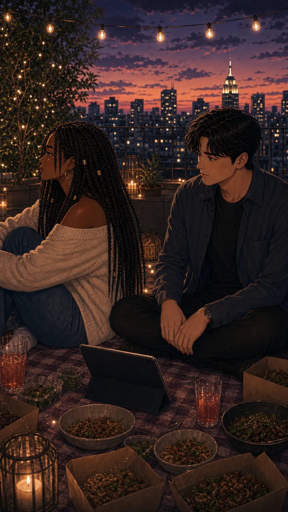 Nia looks at the lights, food, and tablet between them while Eli waits for her response.