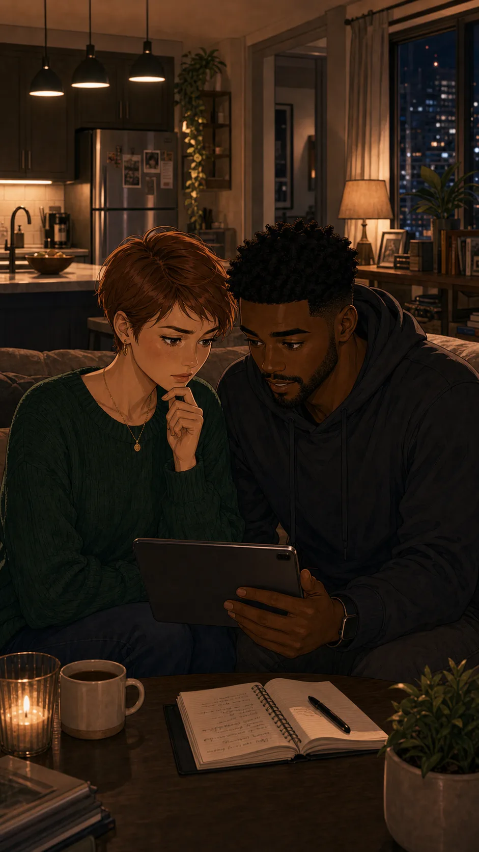 Cass and Theo privately review a budget on a tablet.