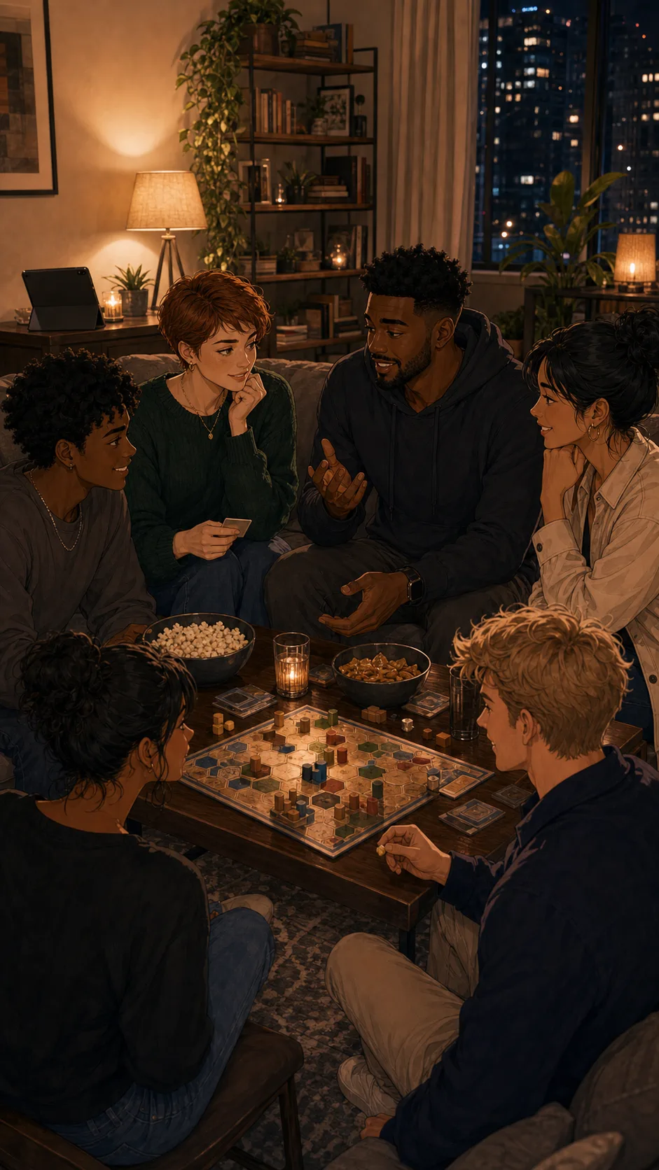Friends gather for game night near the living room tablet.