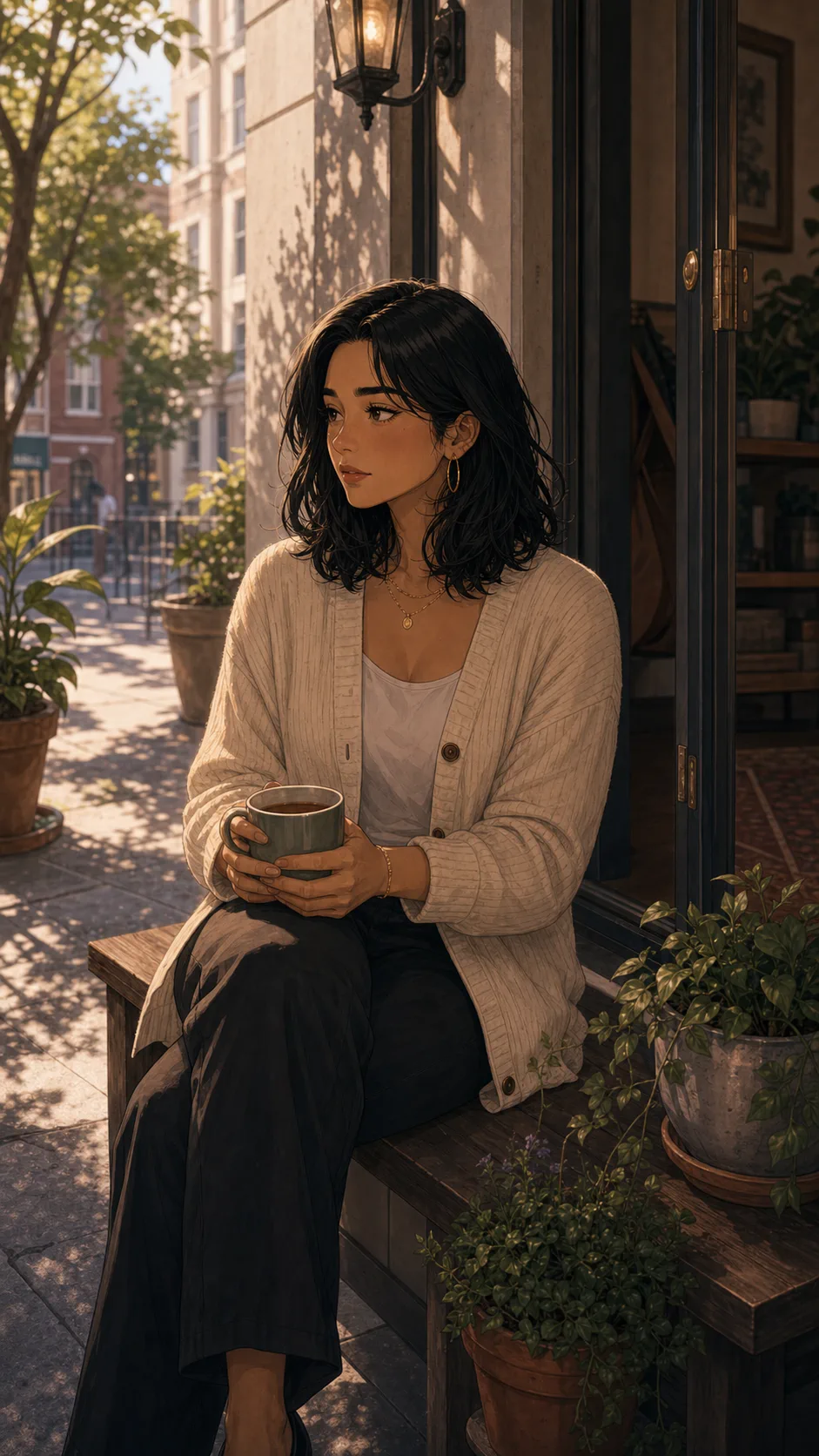 Iris sits alone on a small bench outside her apartment building.