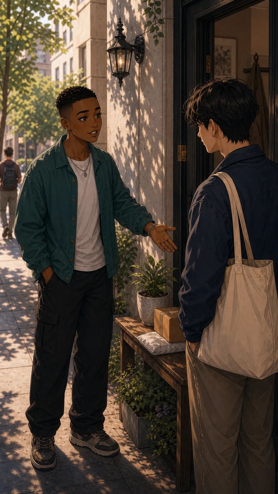 Drew points a guest toward Iris's bench outside the building.