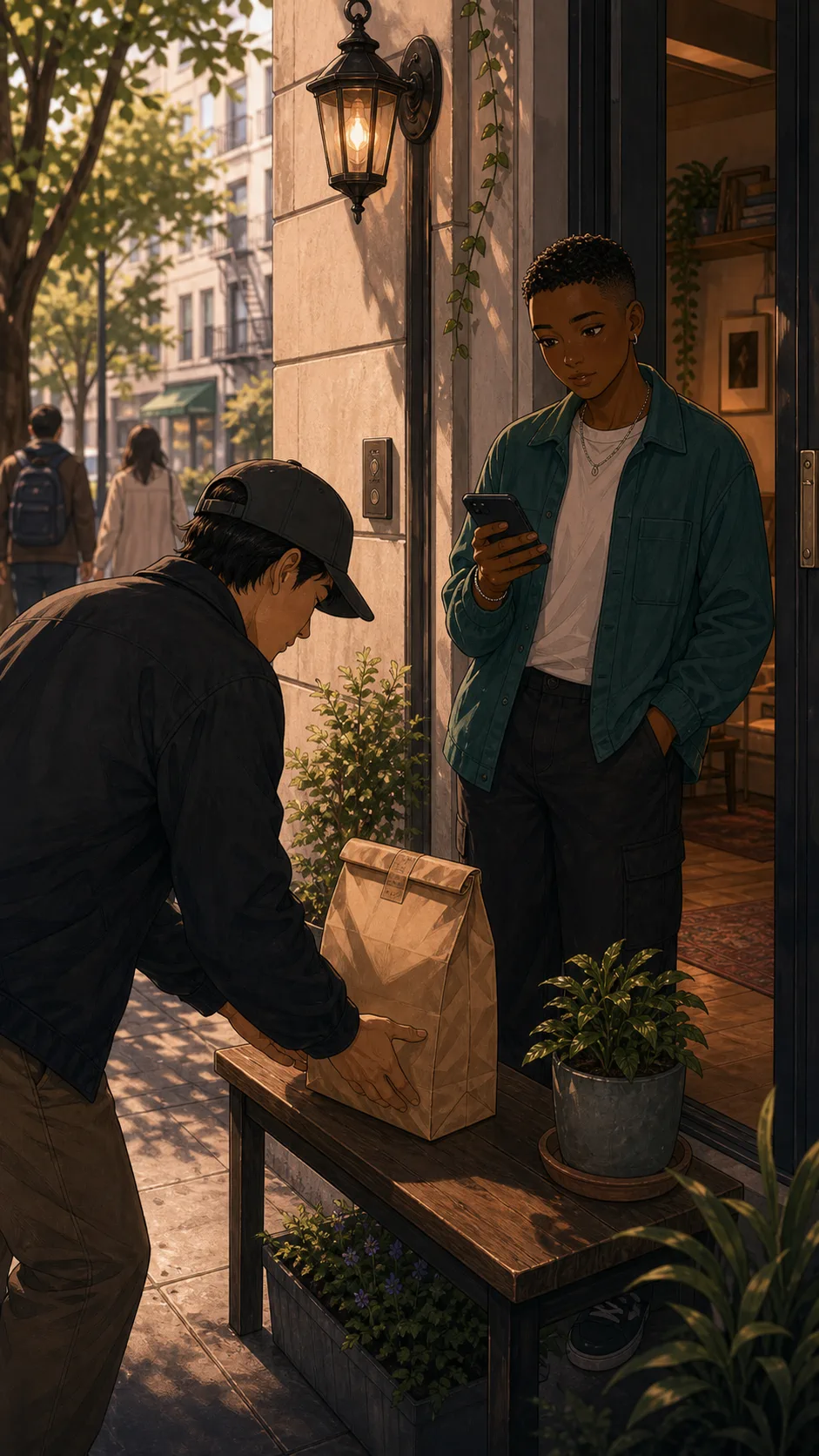 A courier places a plain package bag near Iris's bench.