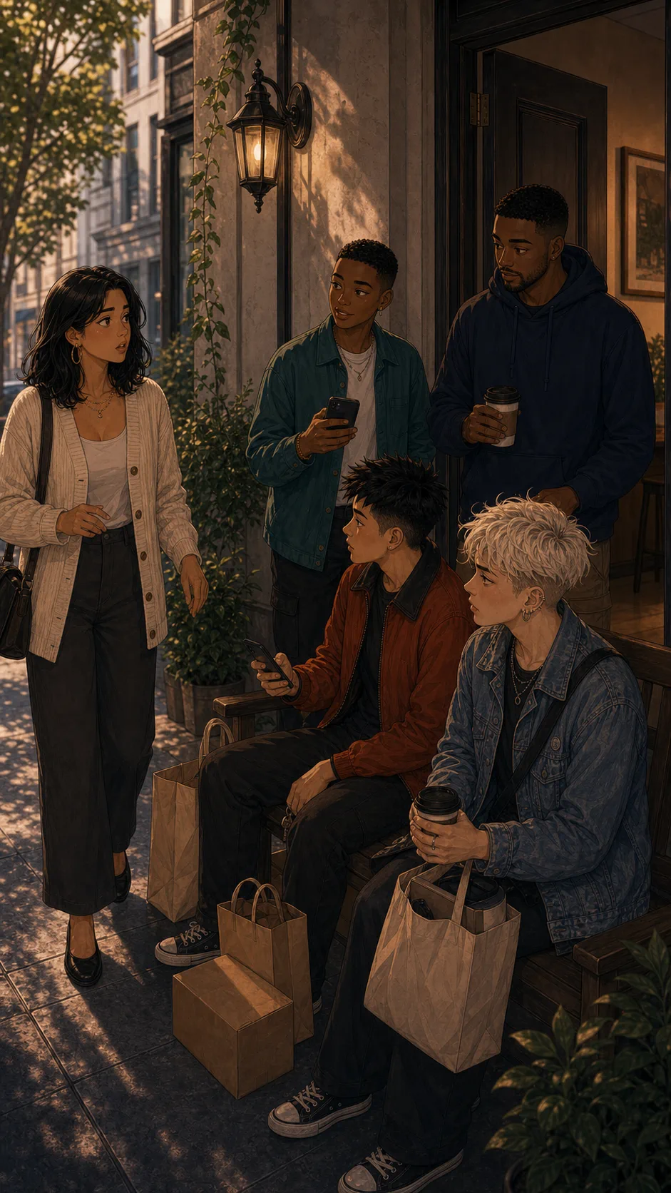 Several people wait around Iris's bench outside the building.