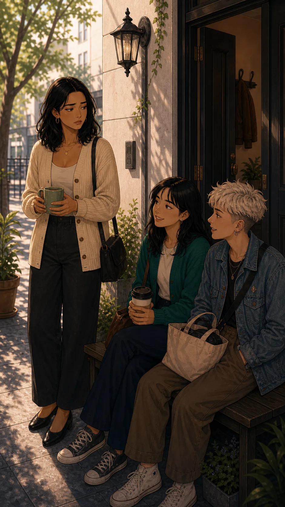 Iris stands with tea while guests sit on her bench.