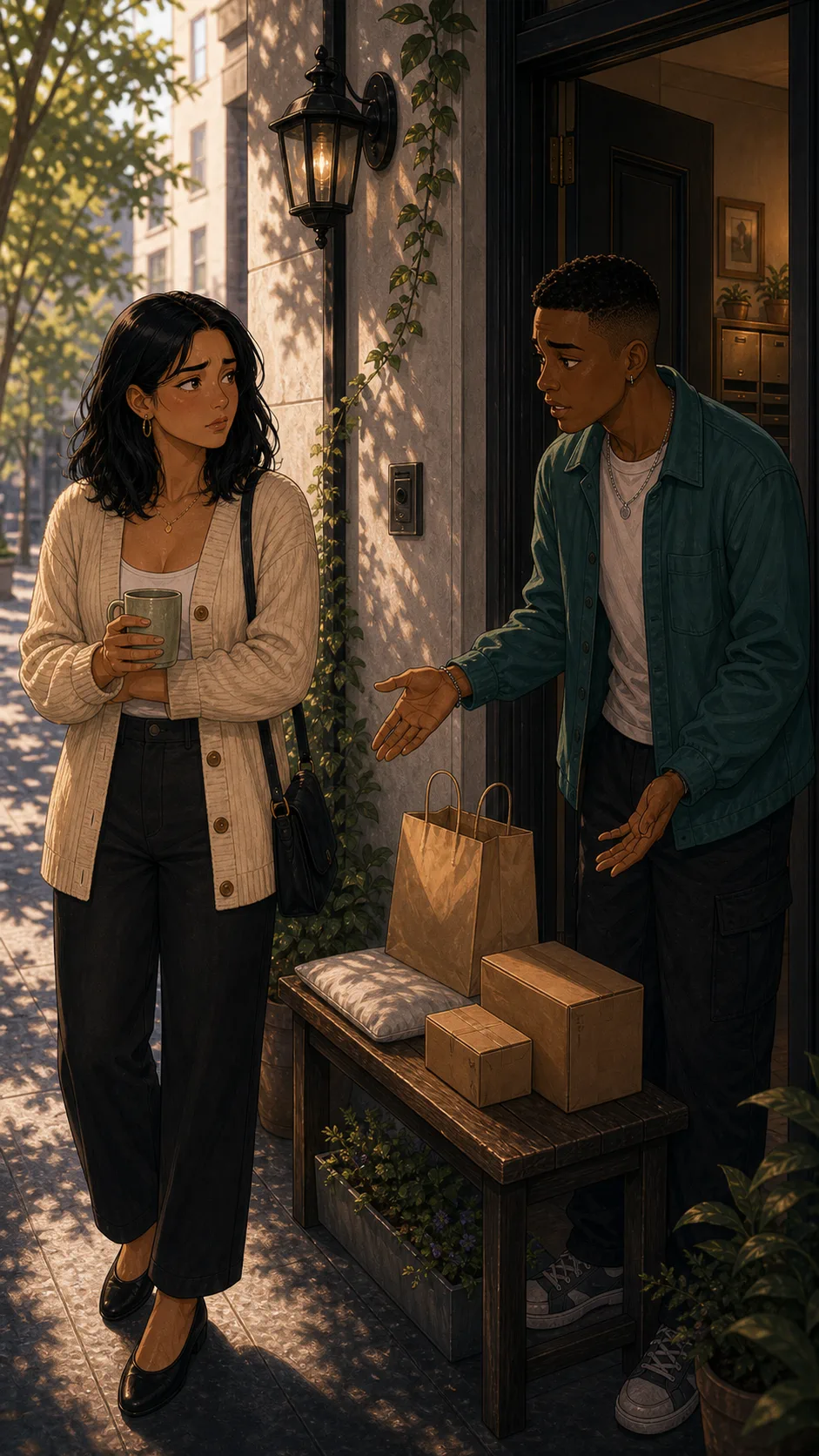 Iris and Drew discuss the bench outside the apartment entrance.