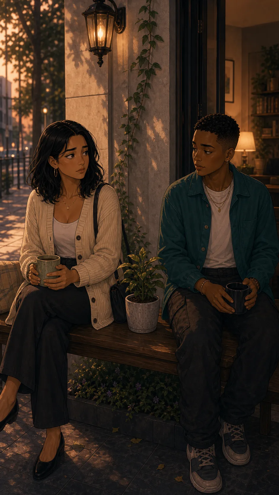 Iris and Drew sit thoughtfully on opposite ends of the bench.