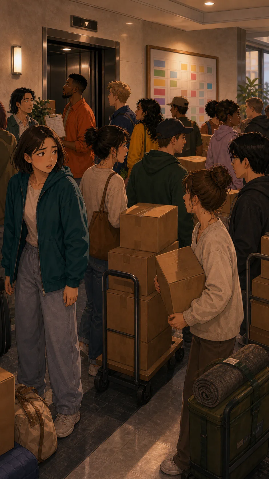 Plain delivery boxes fill Talia's apartment hallway.