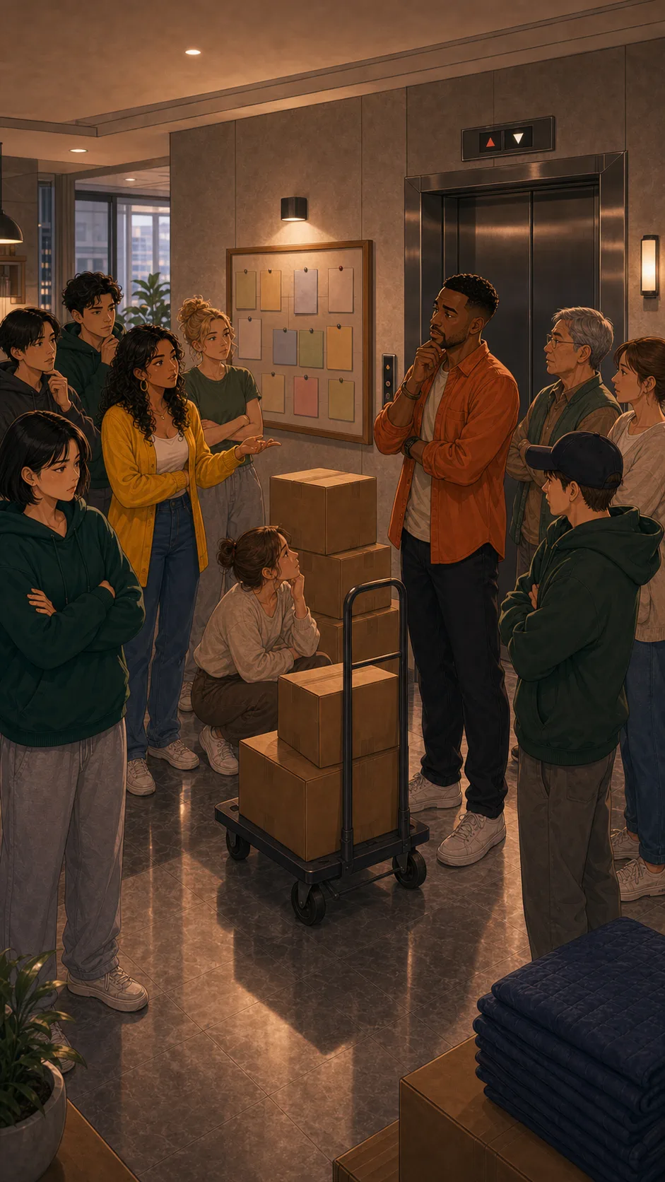 Friends split around the bulk order boxes.
