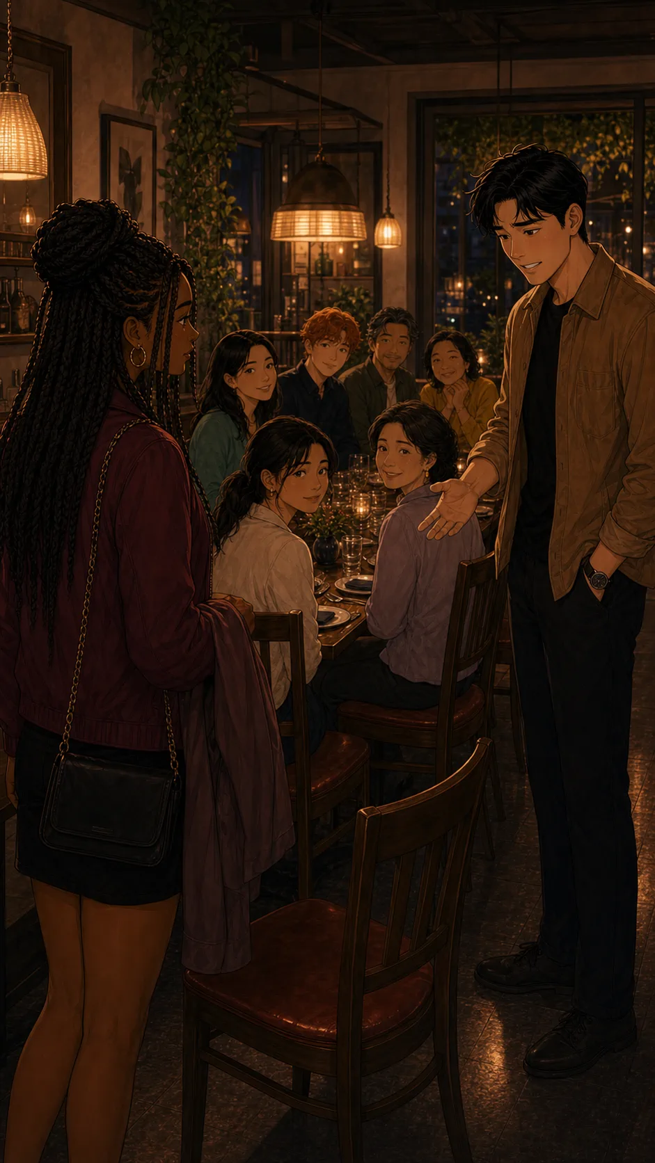 Riley arrives to a restaurant table with extra place settings and Noah's family.