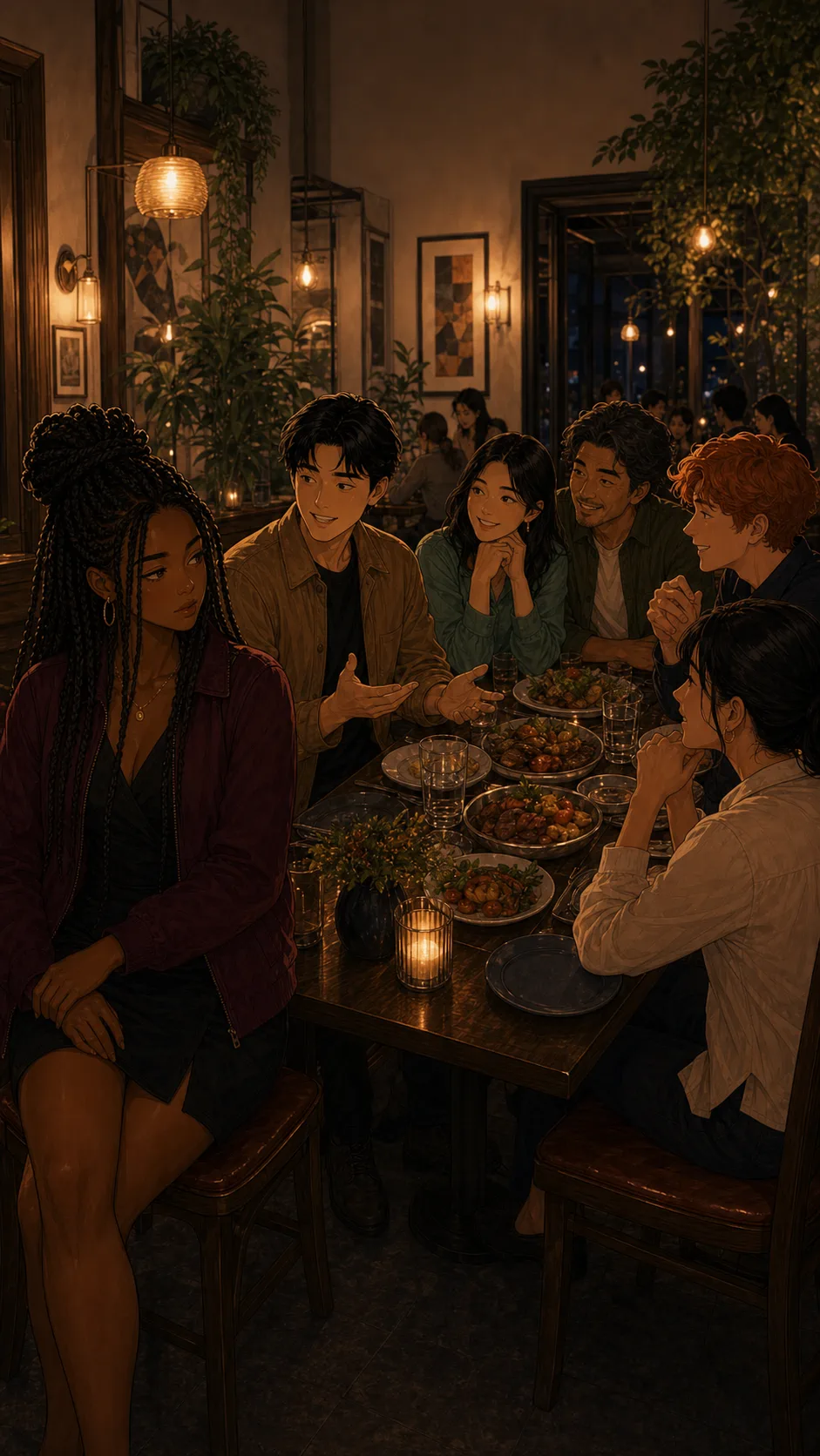 Riley sits quietly during Noah's family dinner.