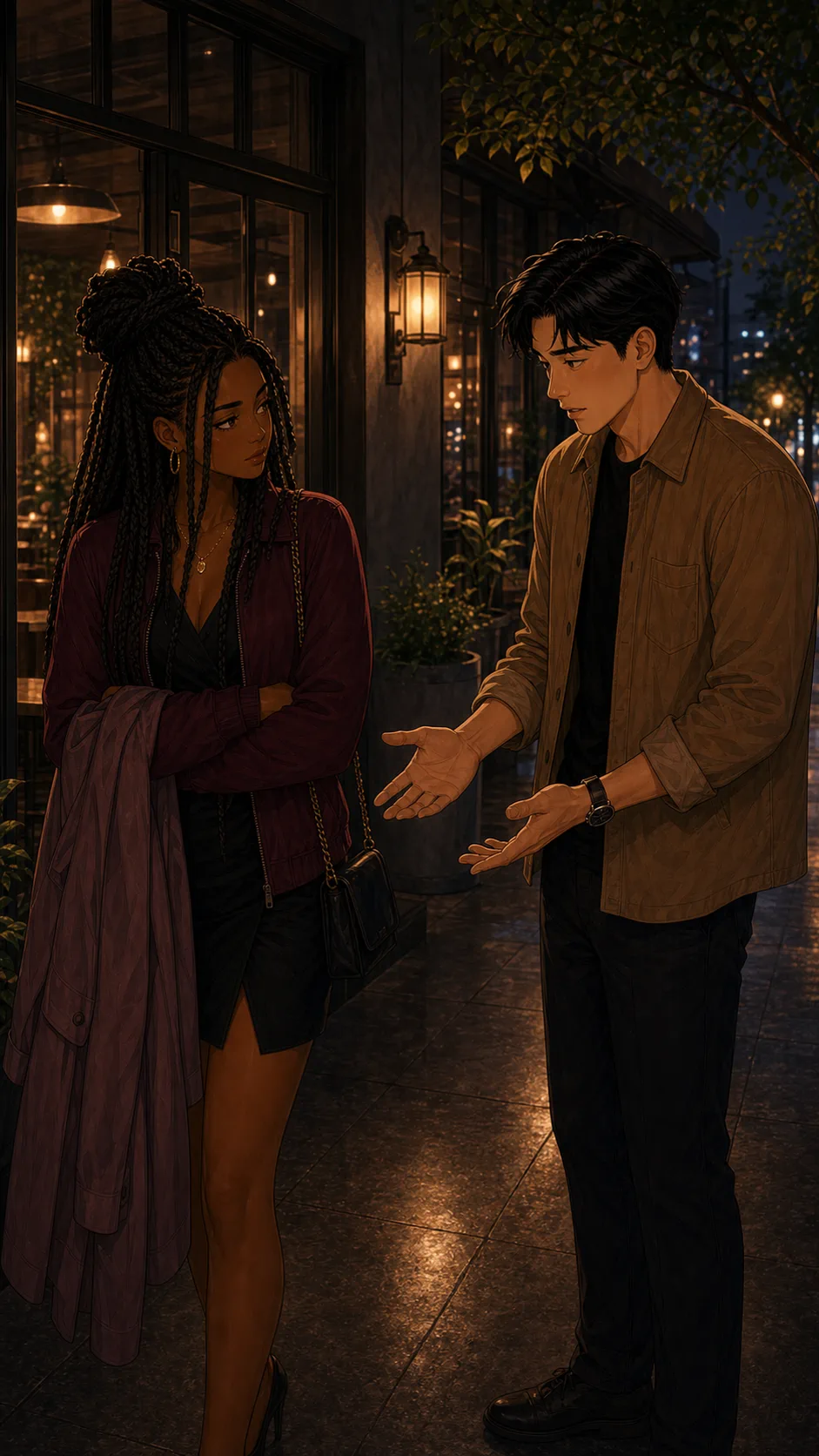 Riley and Noah discuss the changed dinner plan outside the restaurant.