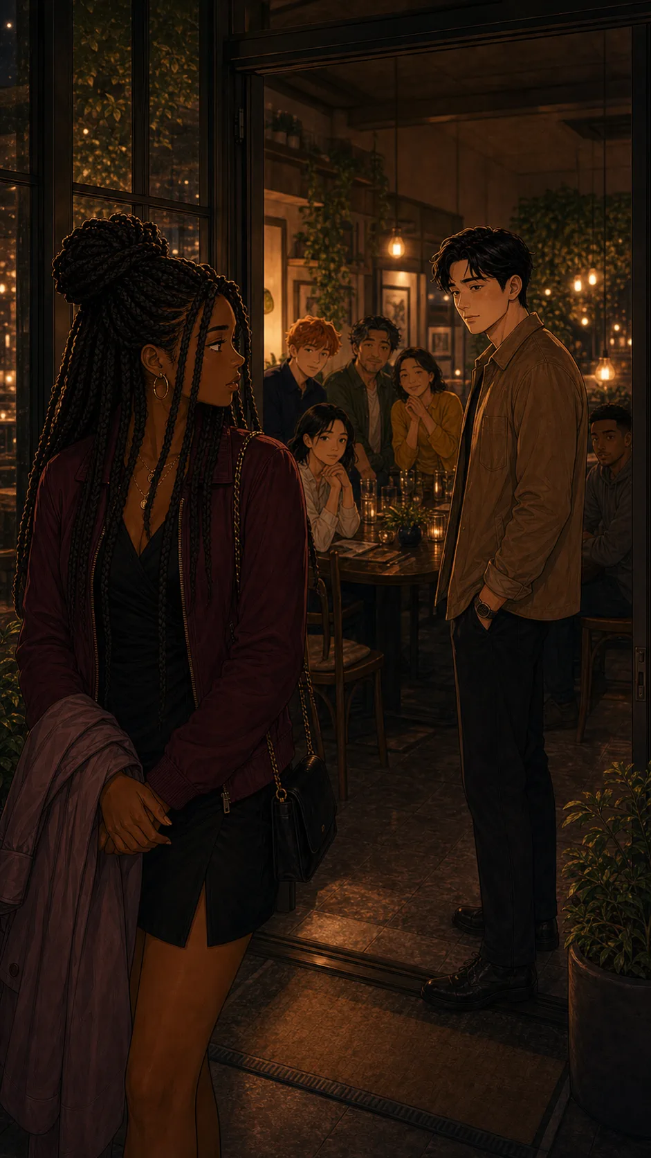 Riley considers the dinner plan while Noah and his family wait.