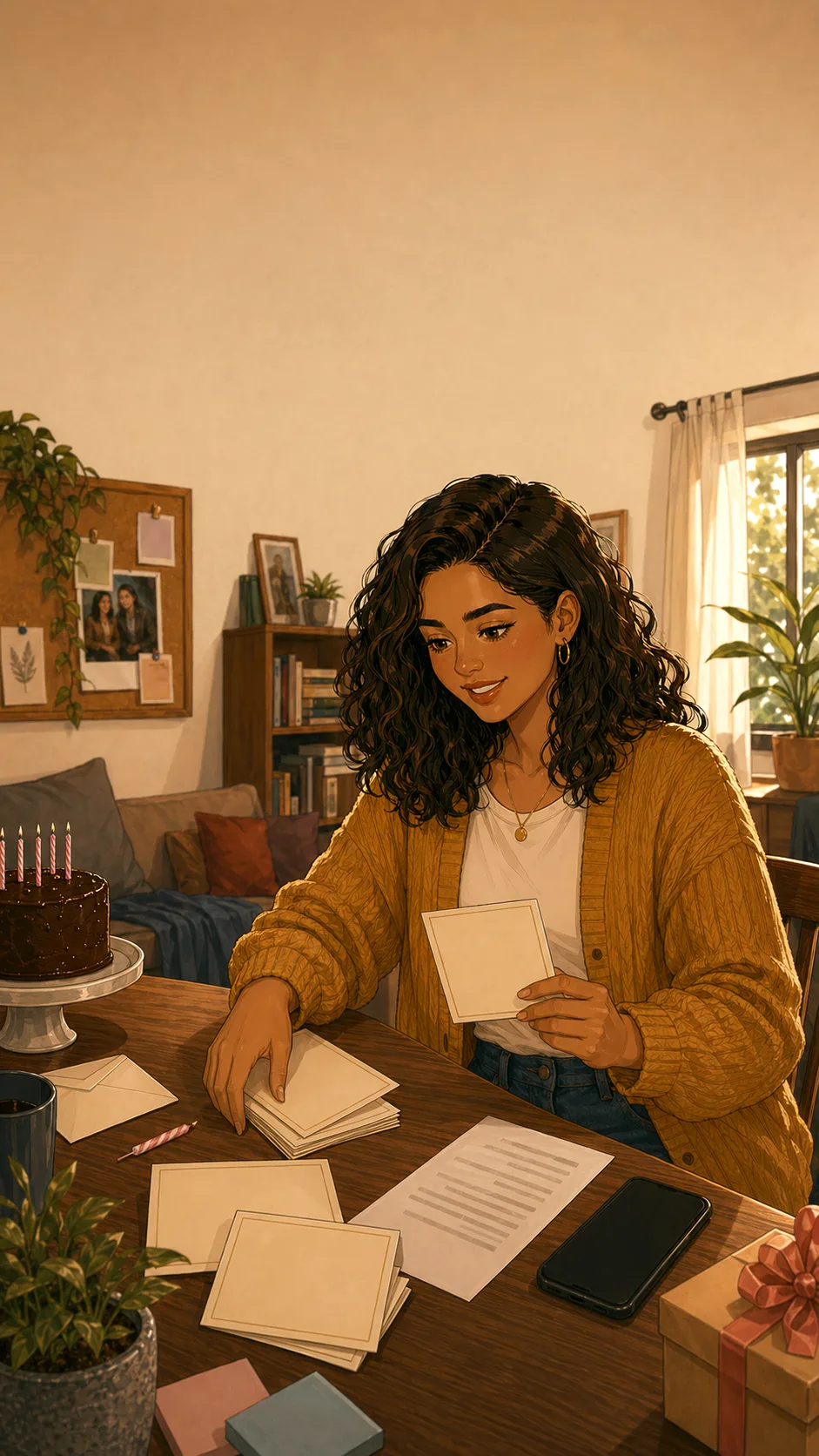 Maya checks her outfit in a generic apartment bedroom while holding a phone angled away from the viewer.