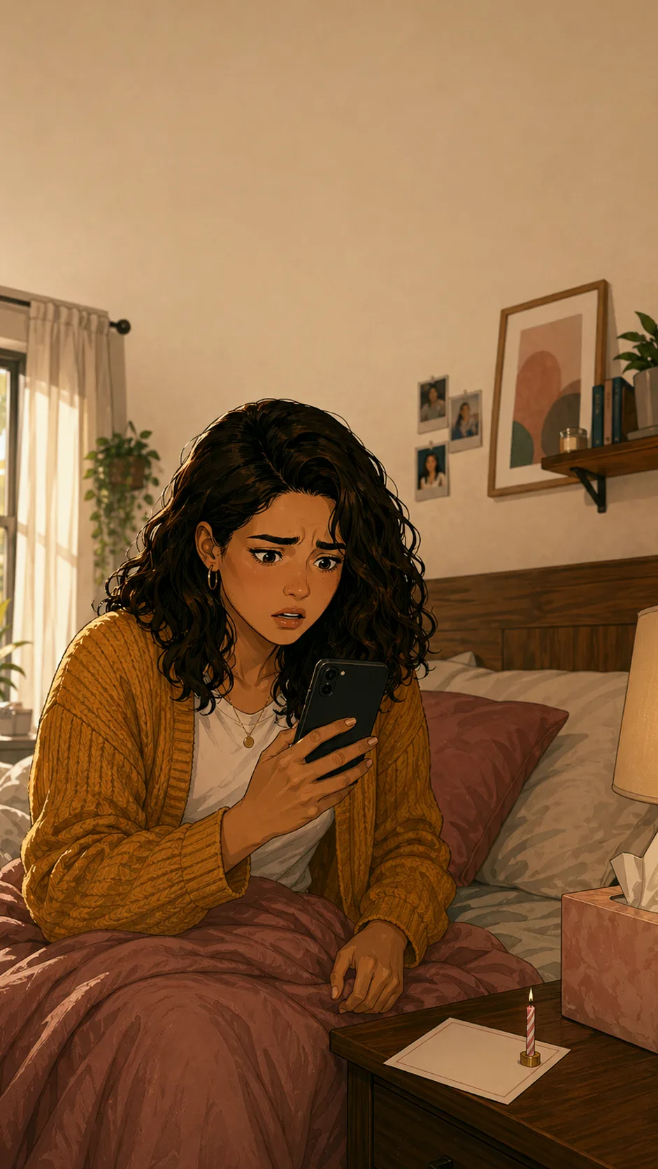 Adrian checks a phone angled away from the viewer while Maya pauses at the bistro table.