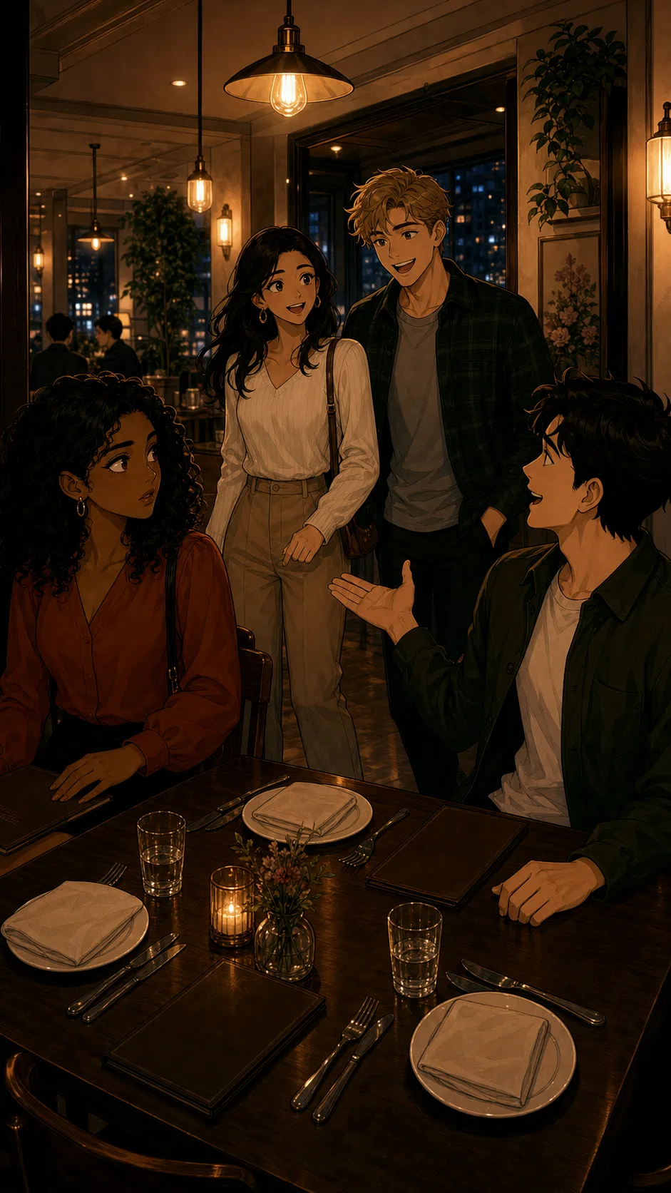 Jordan joins Maya and Adrian at a generic bistro table while Maya looks politely uncomfortable.