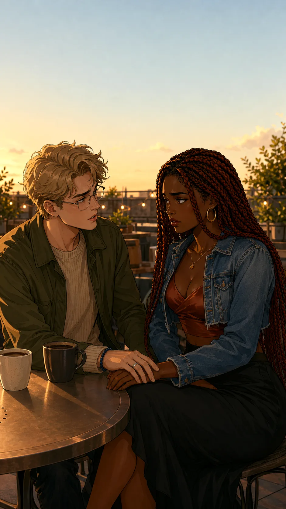Maya and Adrian have a tense conversation outside a generic bistro at night.