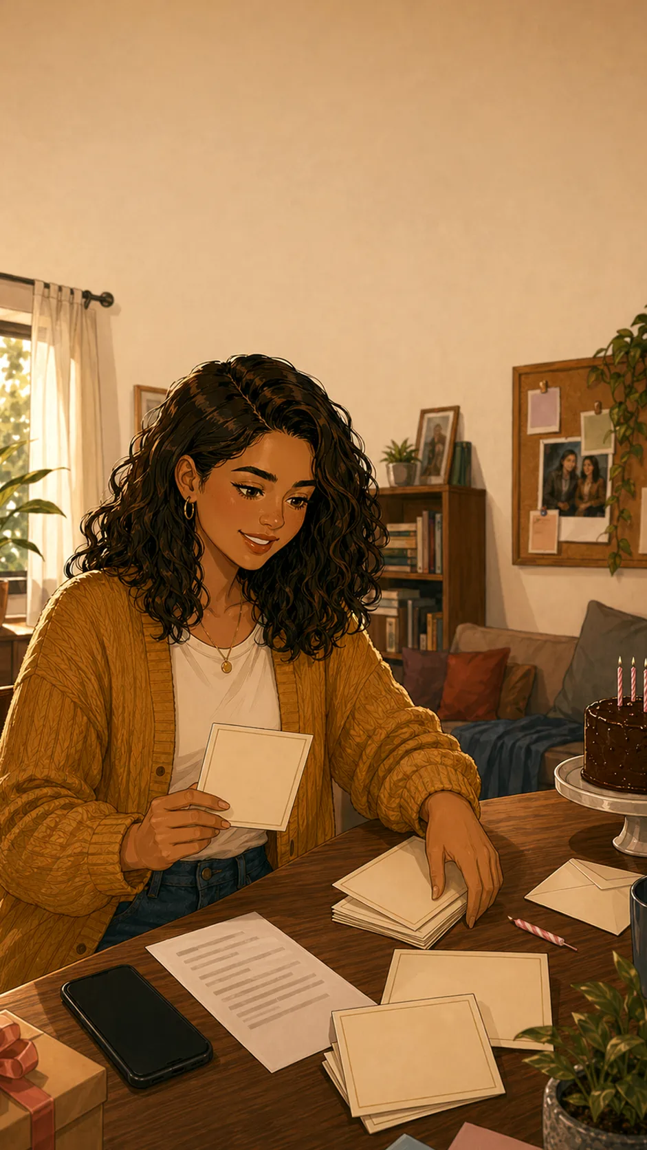 A warm bistro tabletop evidence scene shows two place settings, a third chair, a face-down phone, and blank paper items.