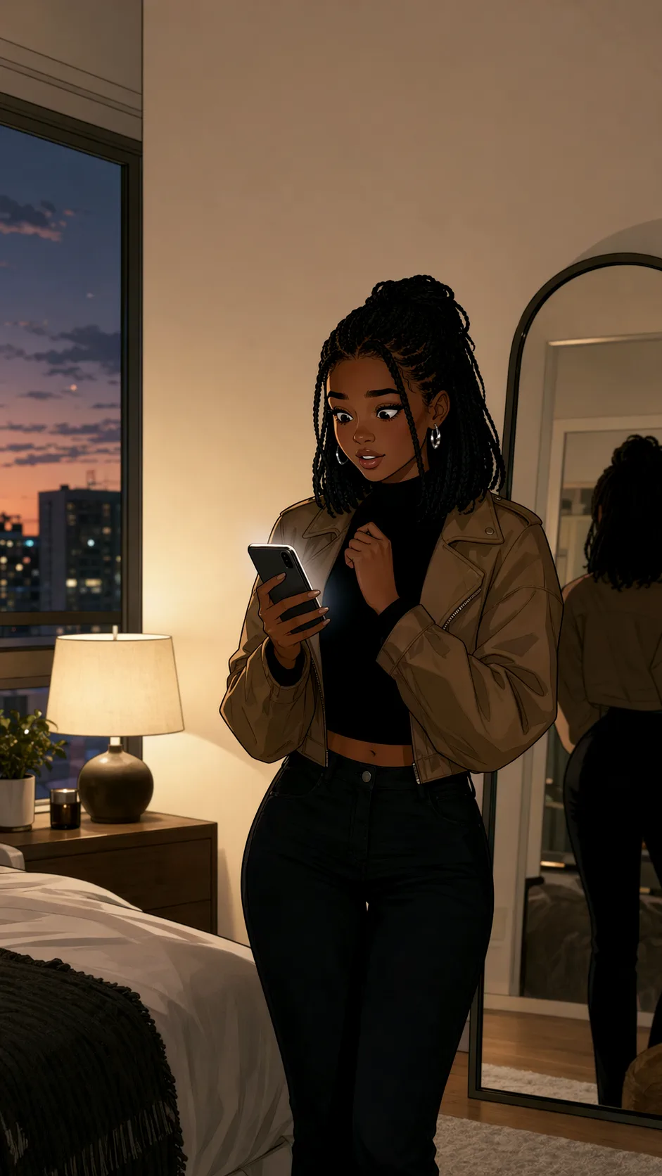 Maya sits thoughtfully on the edge of her bed in a generic apartment after the dinner.
