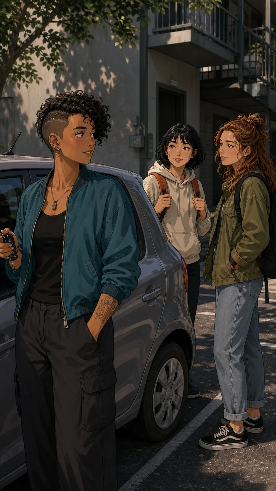 Sam stands by a generic car while friends carry small backpacks.