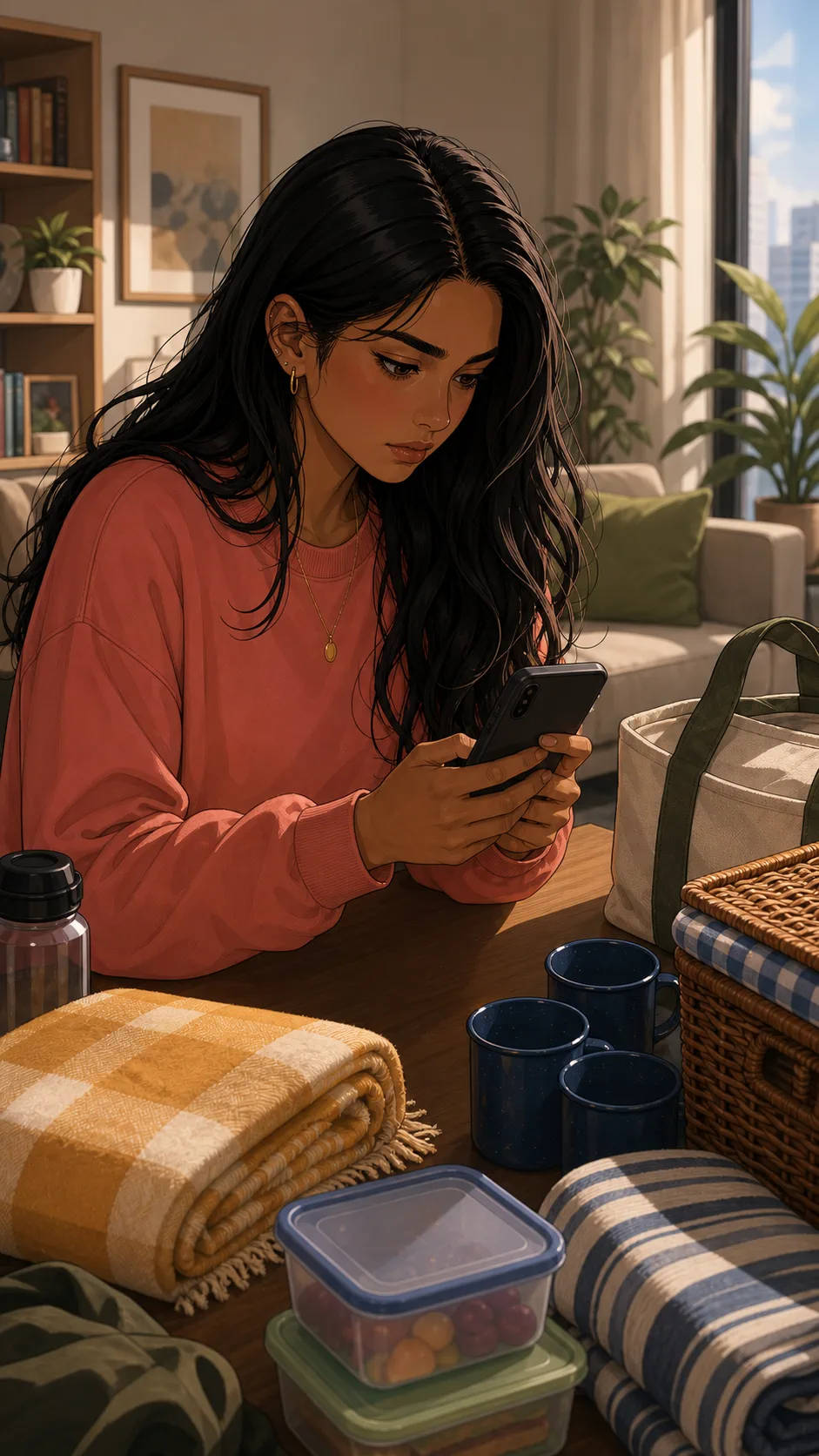 Kira creates a packing plan on her phone with picnic items nearby.