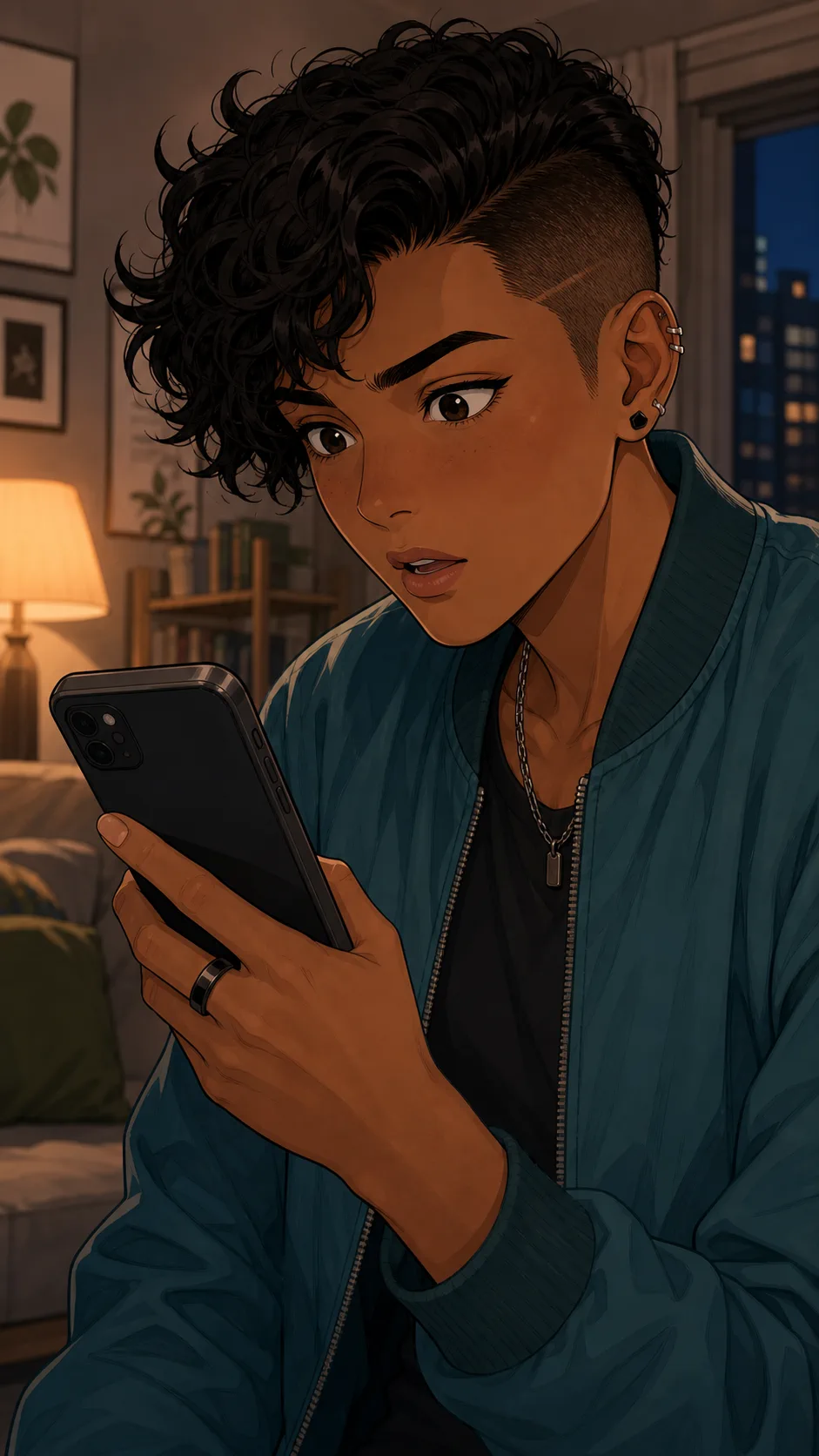 Sam looks surprised at an unreadable packing plan on a phone.