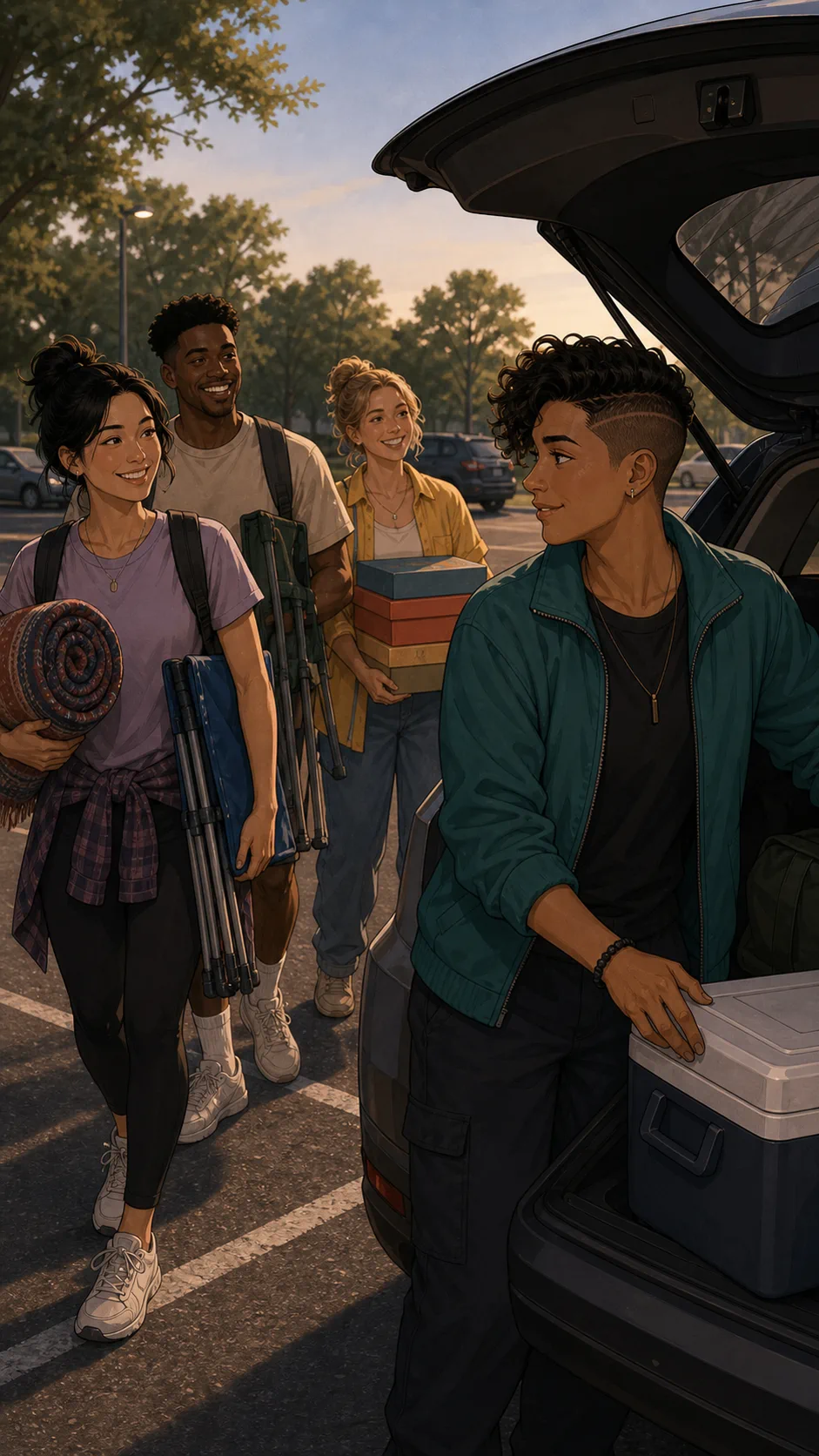 Friends arrive with bulky picnic gear beside Sam's open car trunk.
