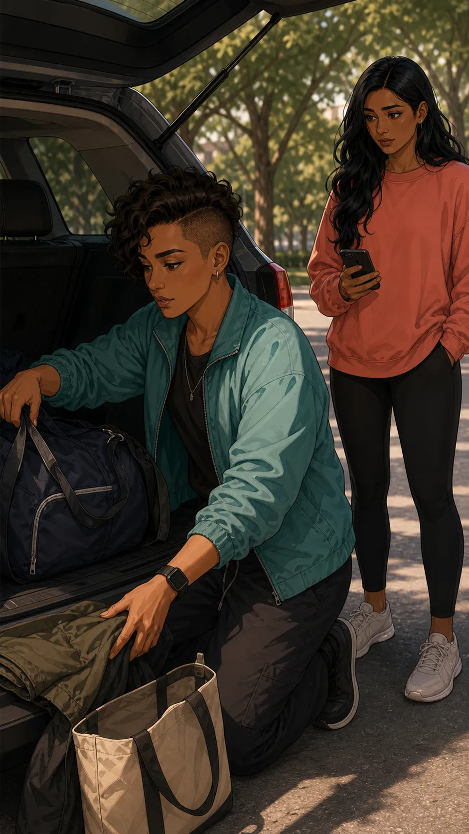 Sam removes personal items from their trunk to make room for group gear.