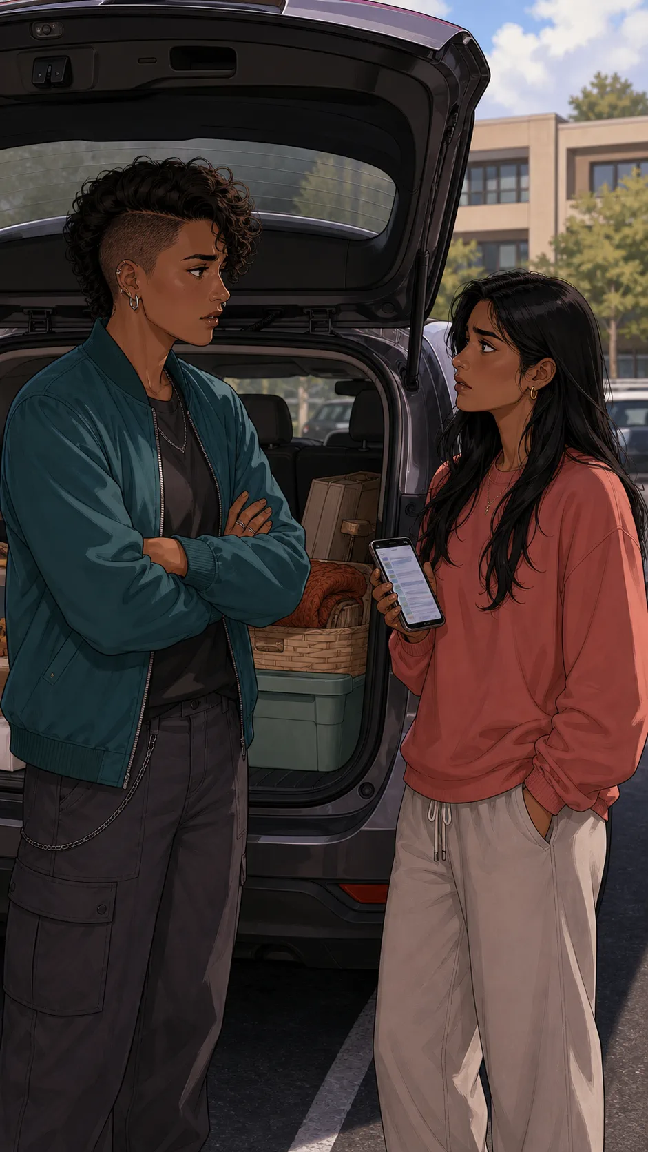 Sam and Kira discuss the group packing plan beside the car trunk.