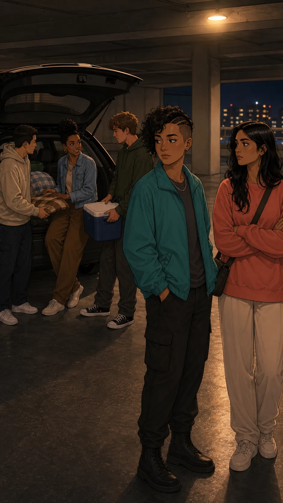 Friends split over whether Sam's trunk should carry group gear.
