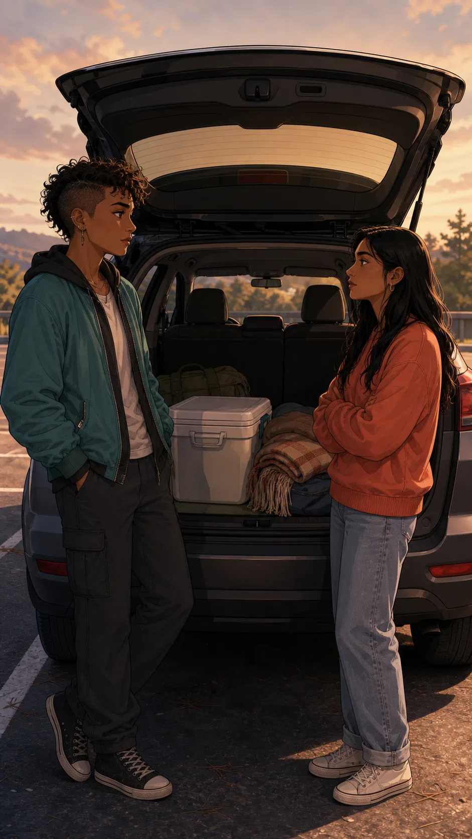 Sam and Kira stand thoughtfully beside a partly packed car trunk.