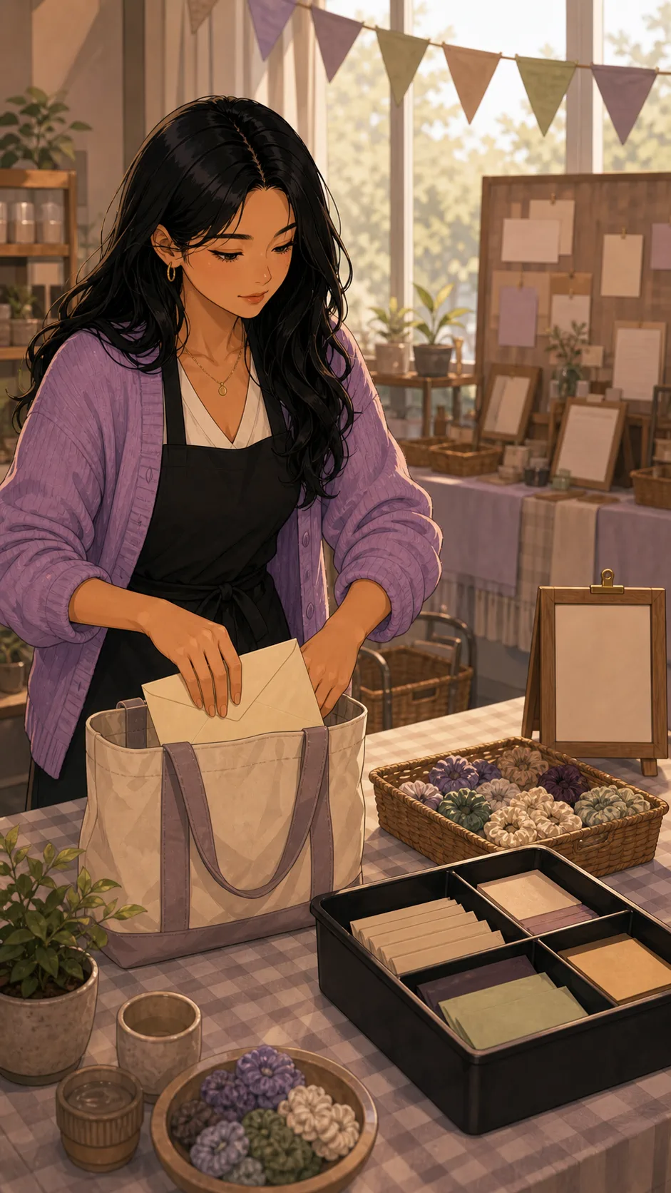 June places a plain cash envelope near her tote at a pop-up table.