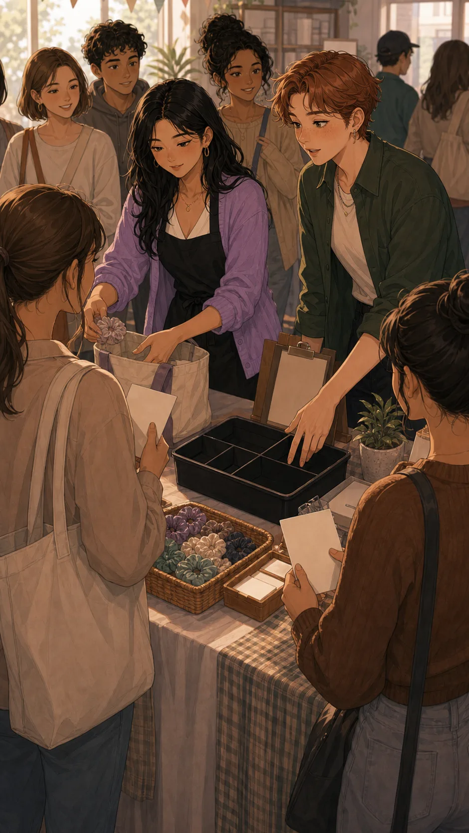 A community pop-up table gets busy with helpers and customers.