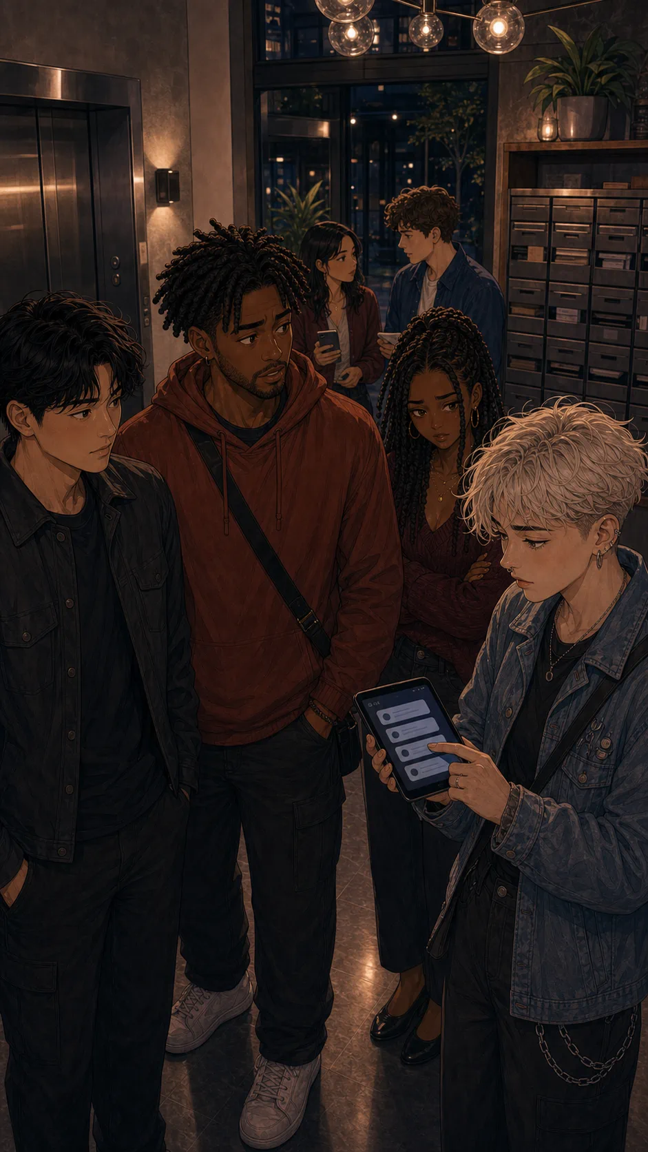 Cam and friends wait in a lobby while Jules checks a ride app.