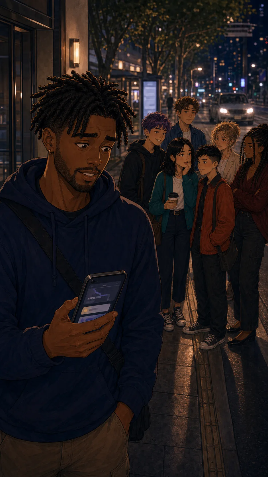 Cam books a ride on his phone using an unreadable app screen.