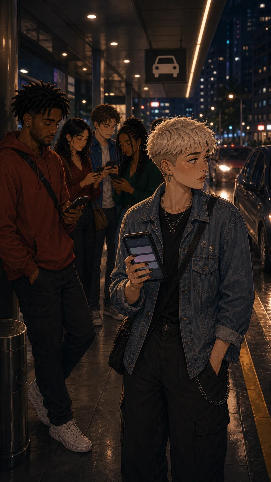 Jules collects payment shares from friends near a pickup area.