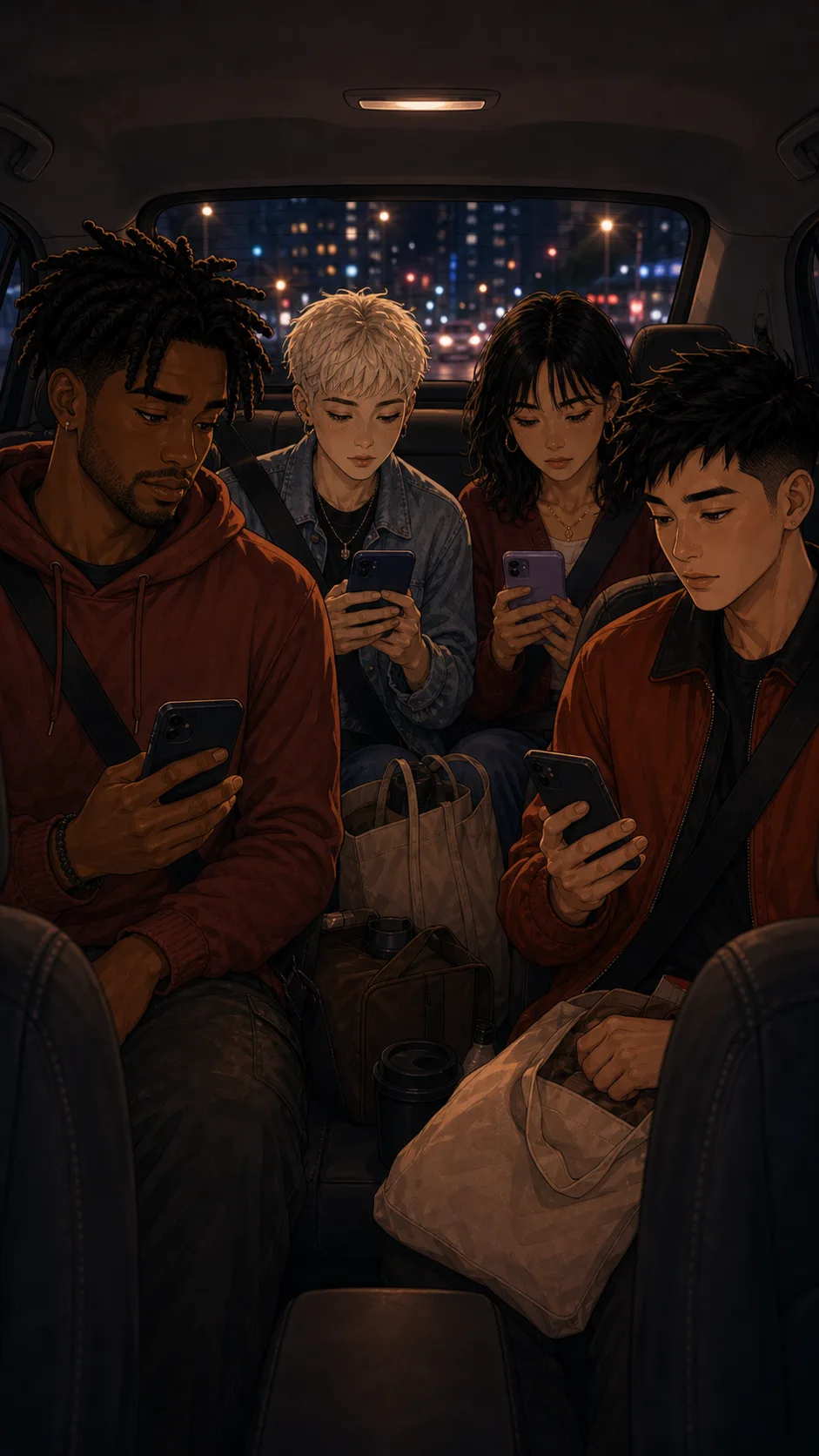 Cam, Jules, and friends sit in the back of a generic car at night.