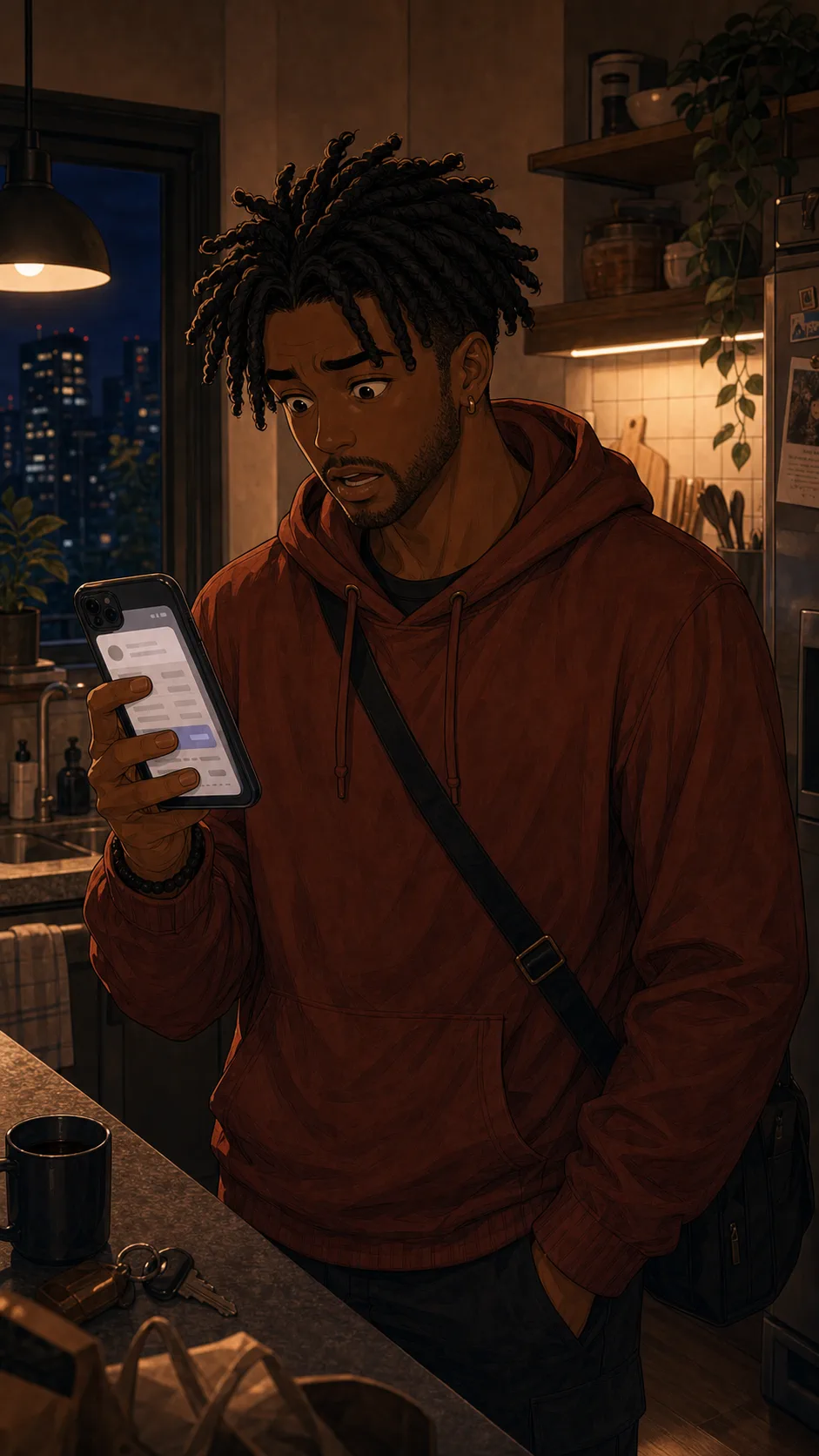 Cam looks surprised at an unreadable ride receipt on his phone.