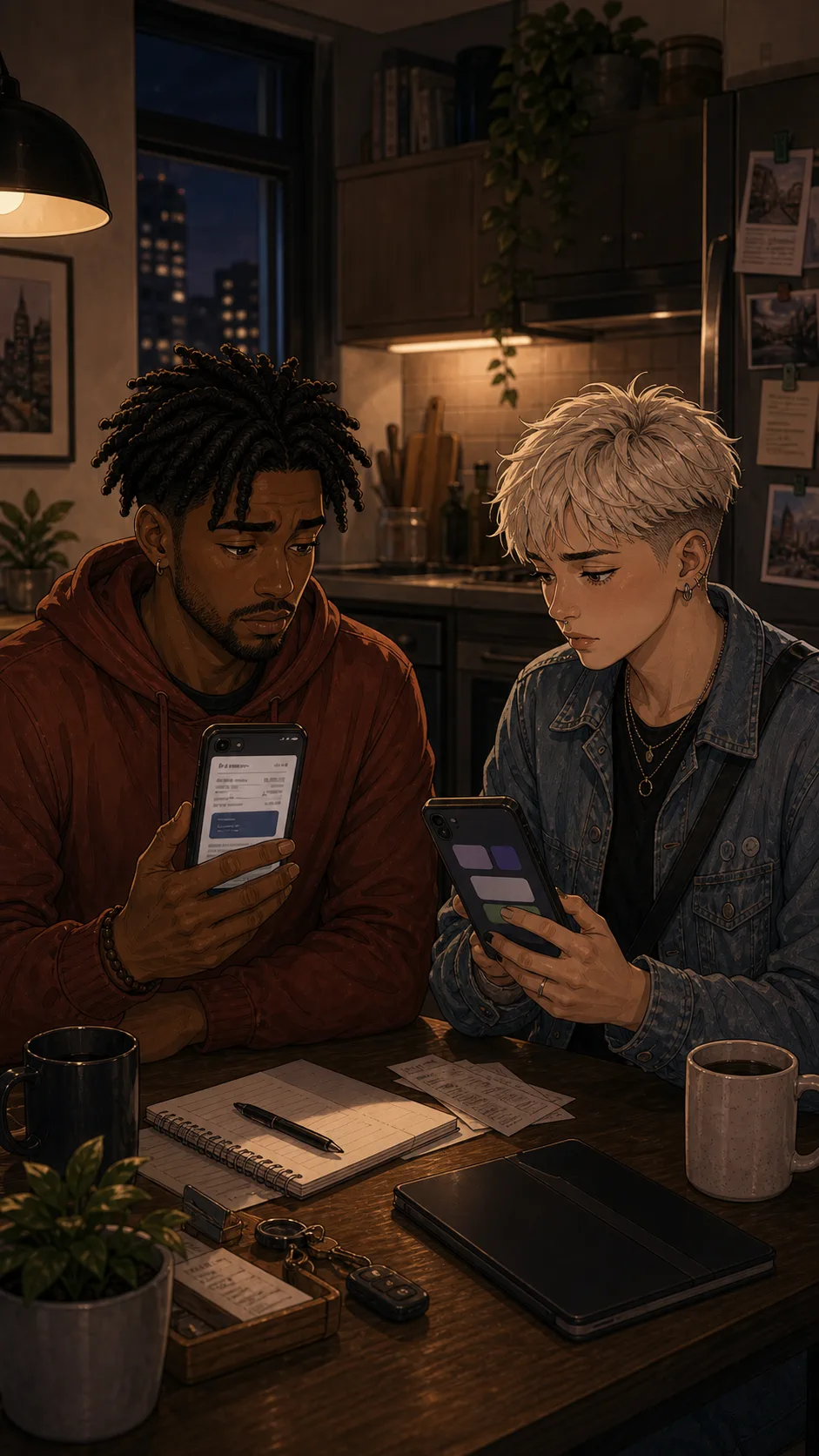 Cam and Jules discuss the ride split at a kitchen table.