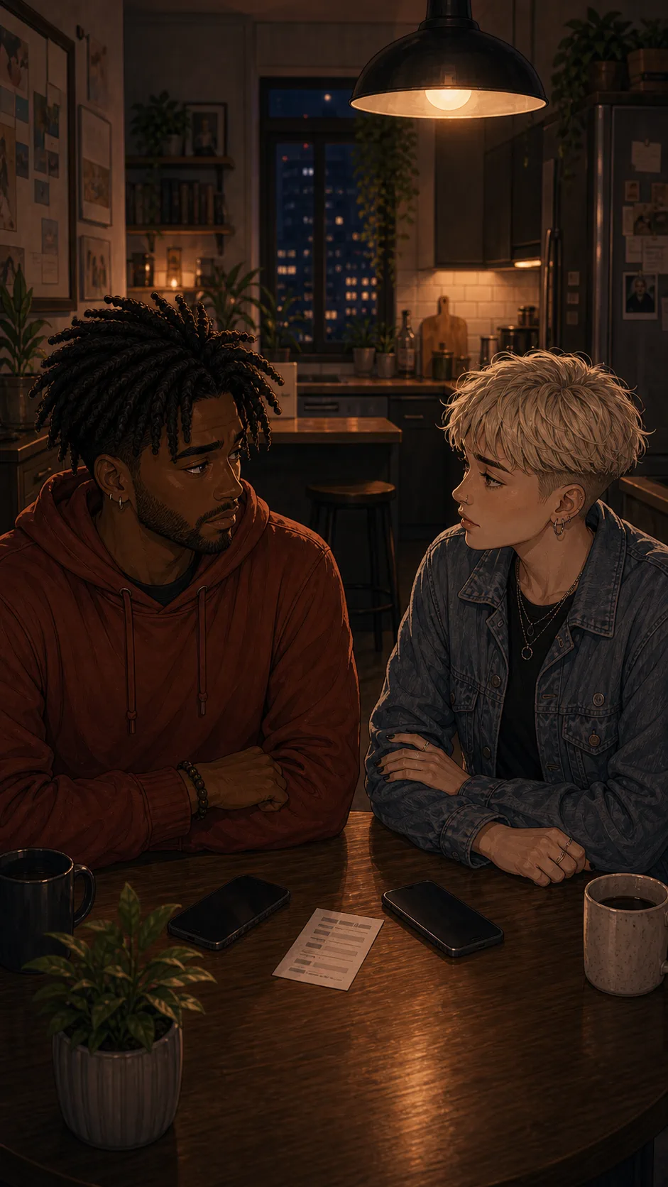 Cam and Jules sit with phones face down at a kitchen table.