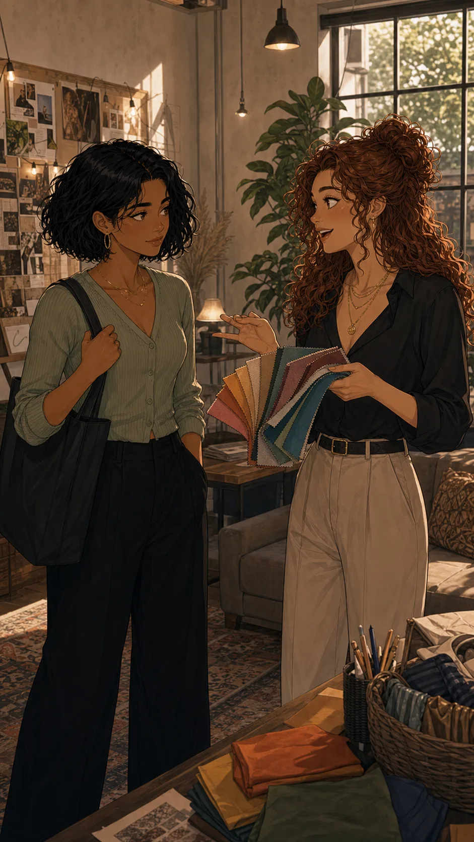 Liora encourages Mina to choose a bold colorful outfit.