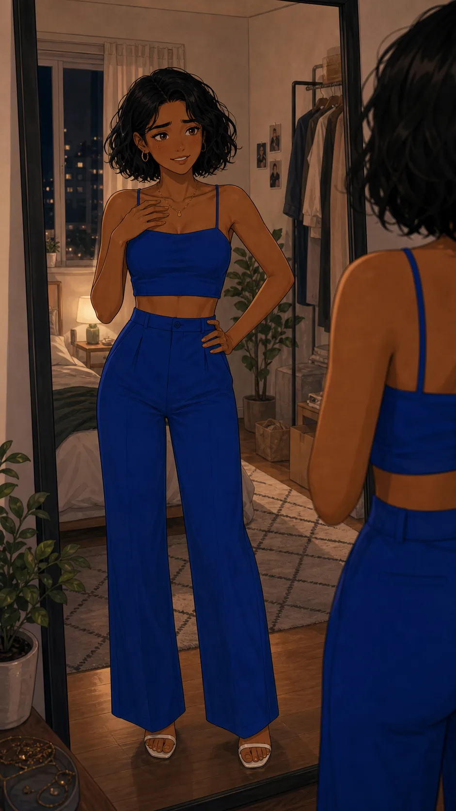 Mina tries on a bright cobalt outfit in front of a mirror.